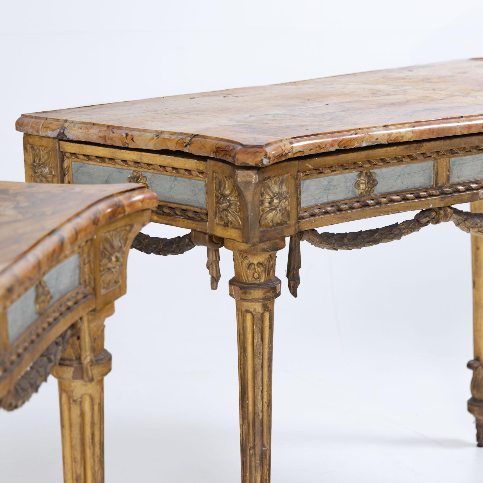 Marble Pair of giltwood consoles with marble tops, 19th Century For Sale