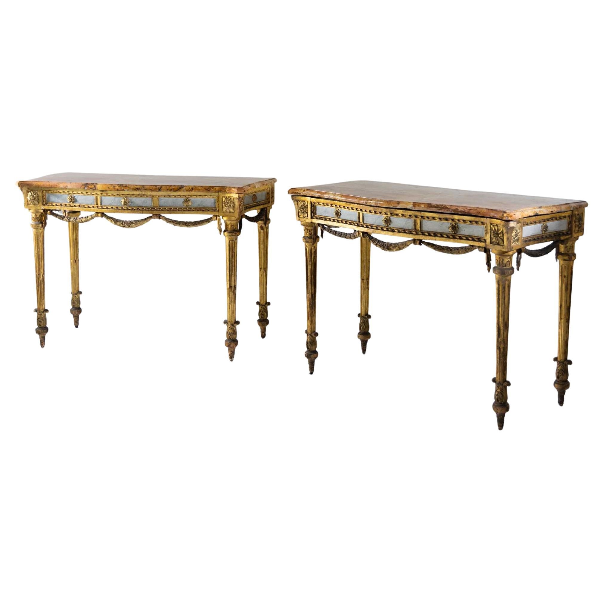 Pair of giltwood consoles with marble tops, 19th Century For Sale