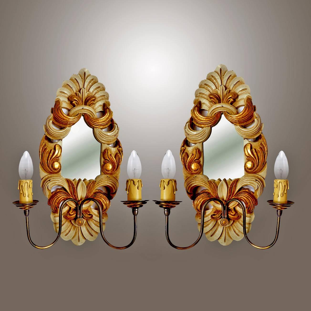 Carved Pair of Giltwood French Double Light Mirrored Back Wall Sconces or Girandoles