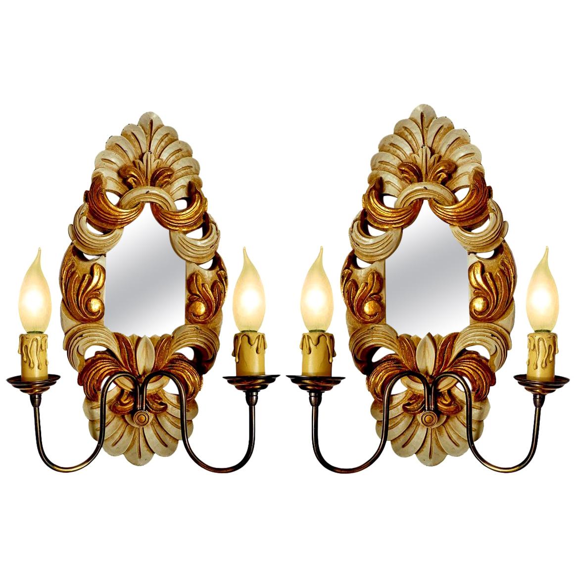 Pair of Giltwood French Double Light Mirrored Back Wall Sconces or Girandoles