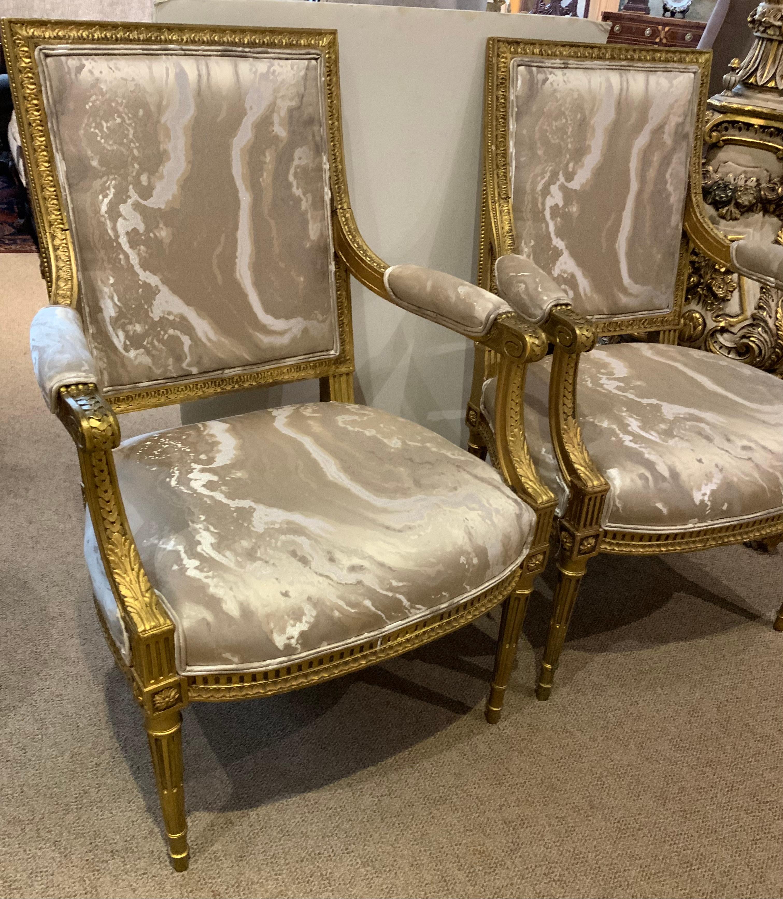 Pair of giltwood French Louis XVI- Style arm chairs In Good Condition For Sale In Houston, TX
