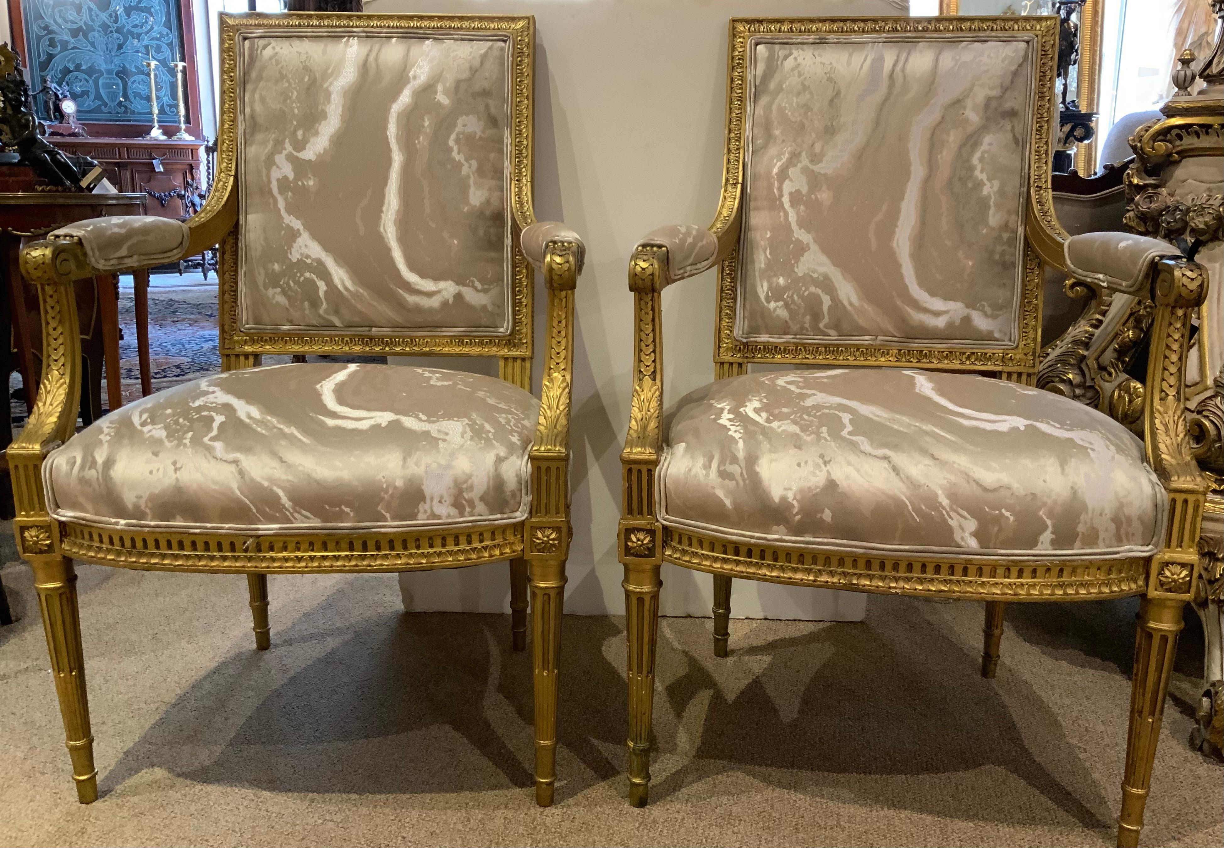 19th Century Pair of giltwood French Louis XVI- Style arm chairs For Sale