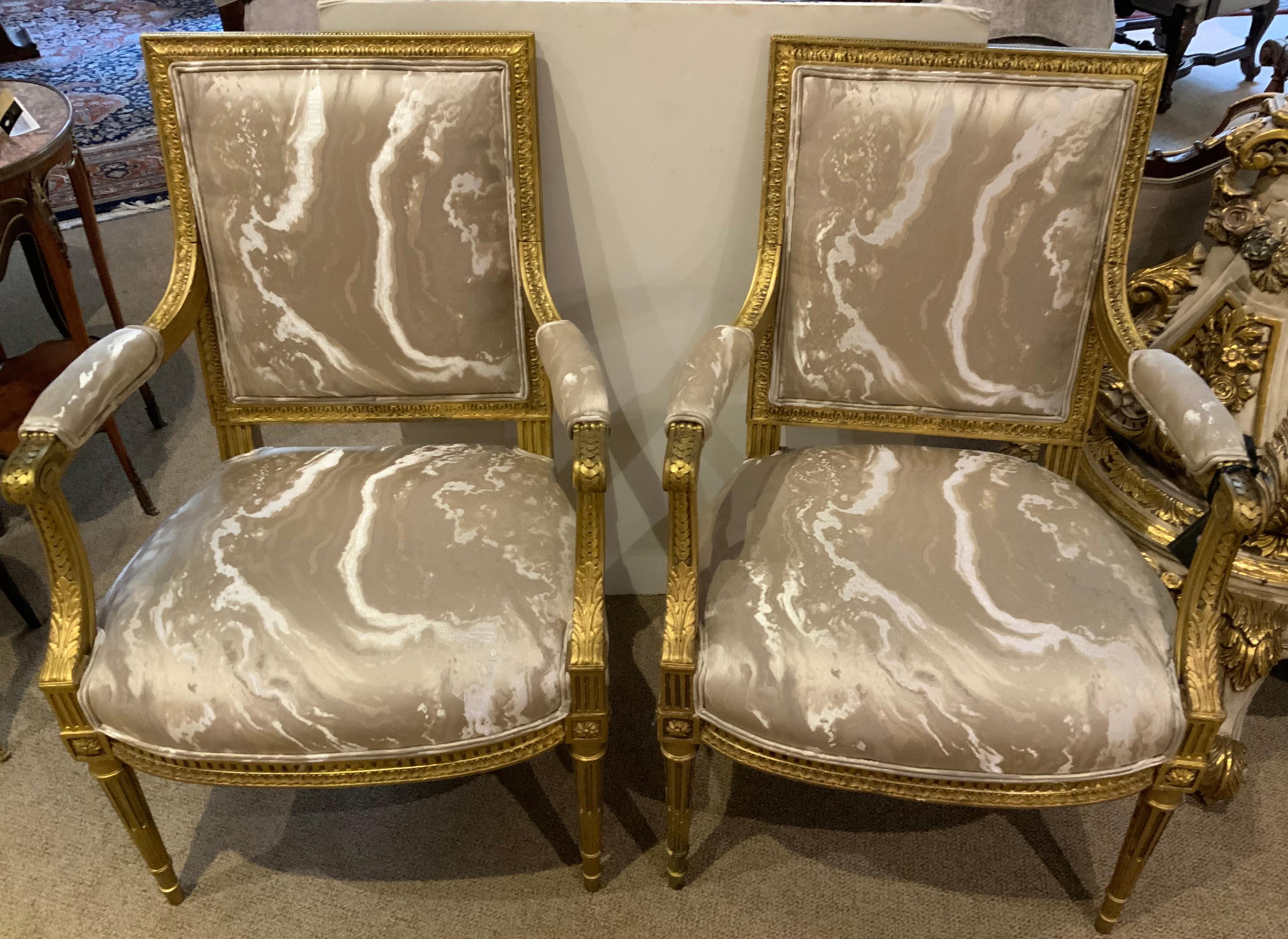 Pair of giltwood French Louis XVI- Style arm chairs For Sale 1