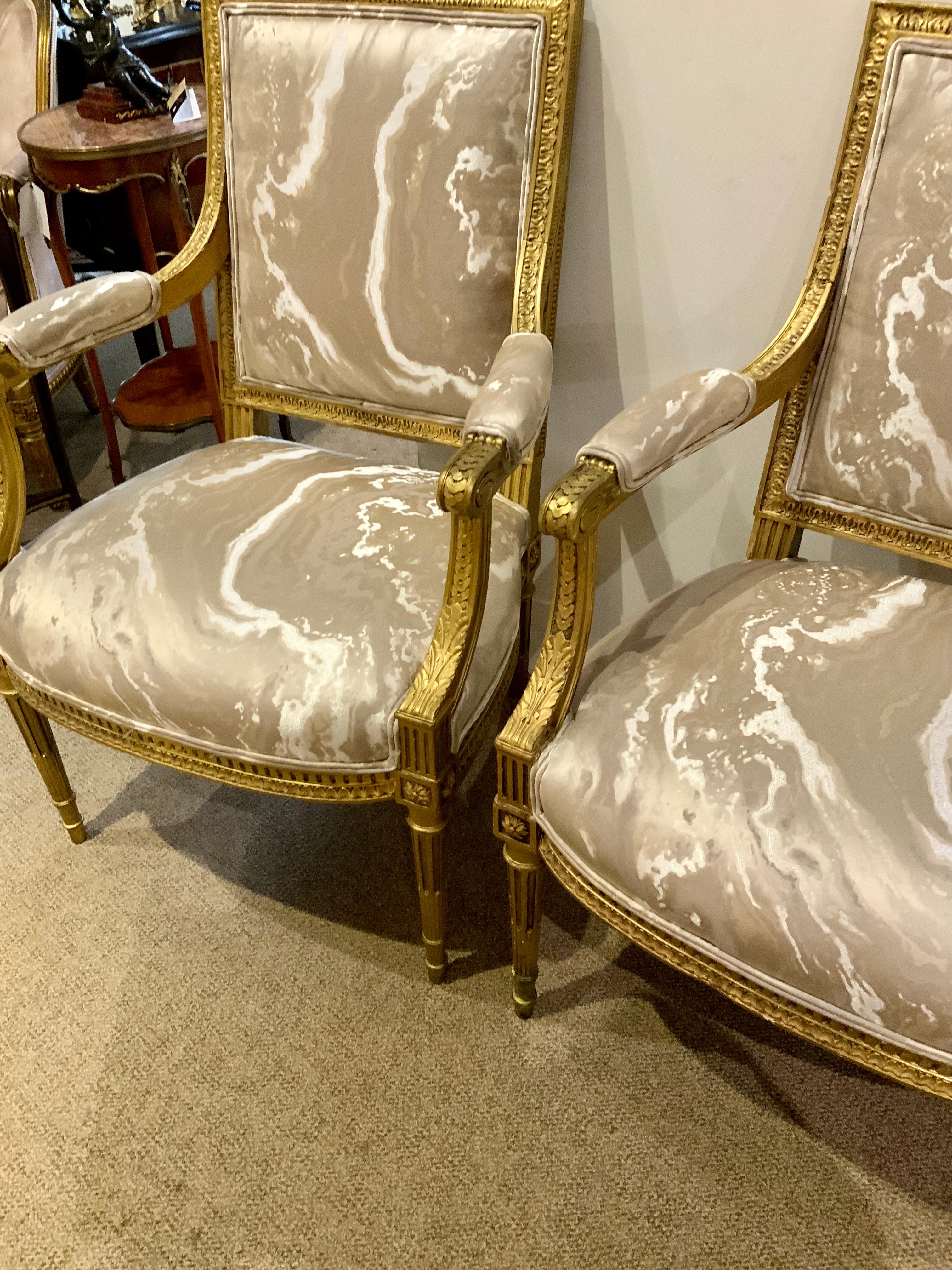Pair of giltwood French Louis XVI- Style arm chairs For Sale 2