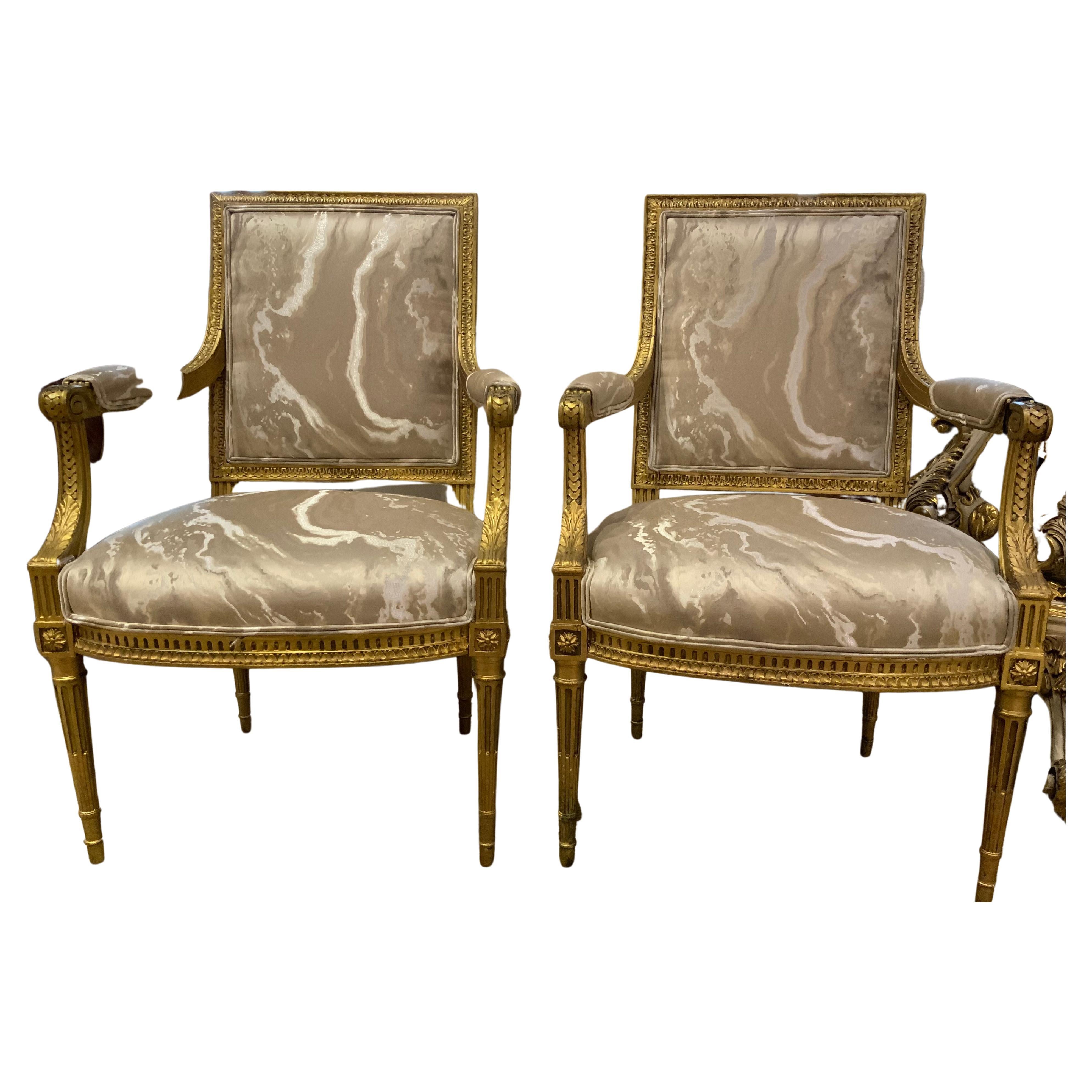 Pair of giltwood French Louis XVI- Style arm chairs