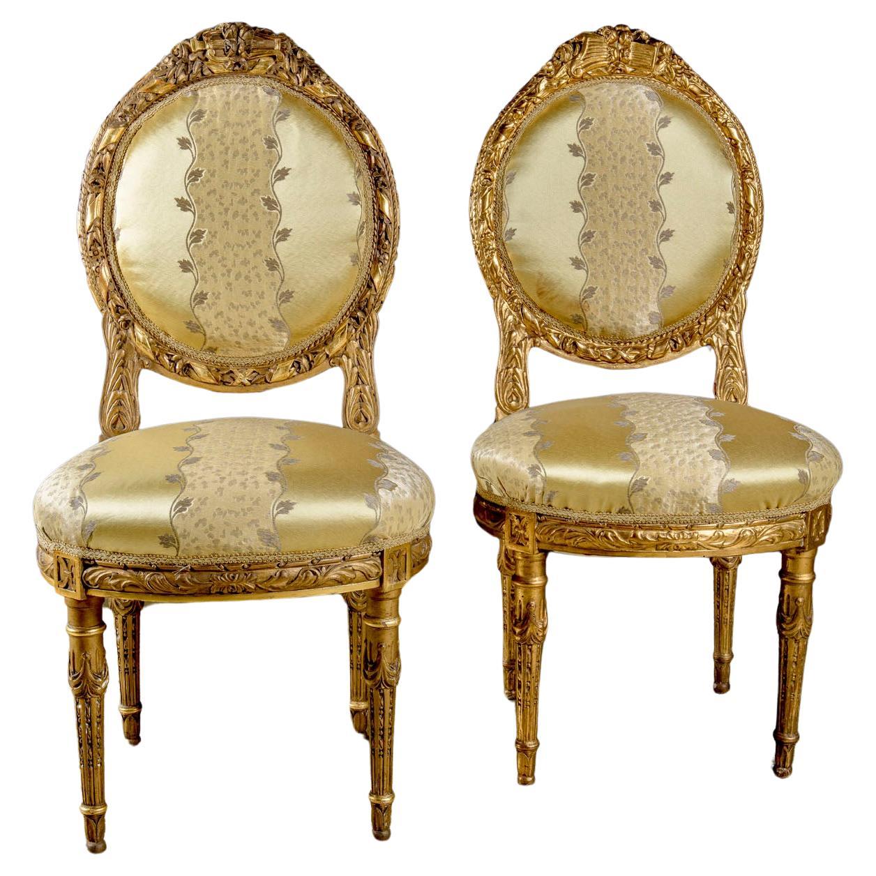 Pair of Maison Jansen Giltwood French Louis XVI Style Chairs
