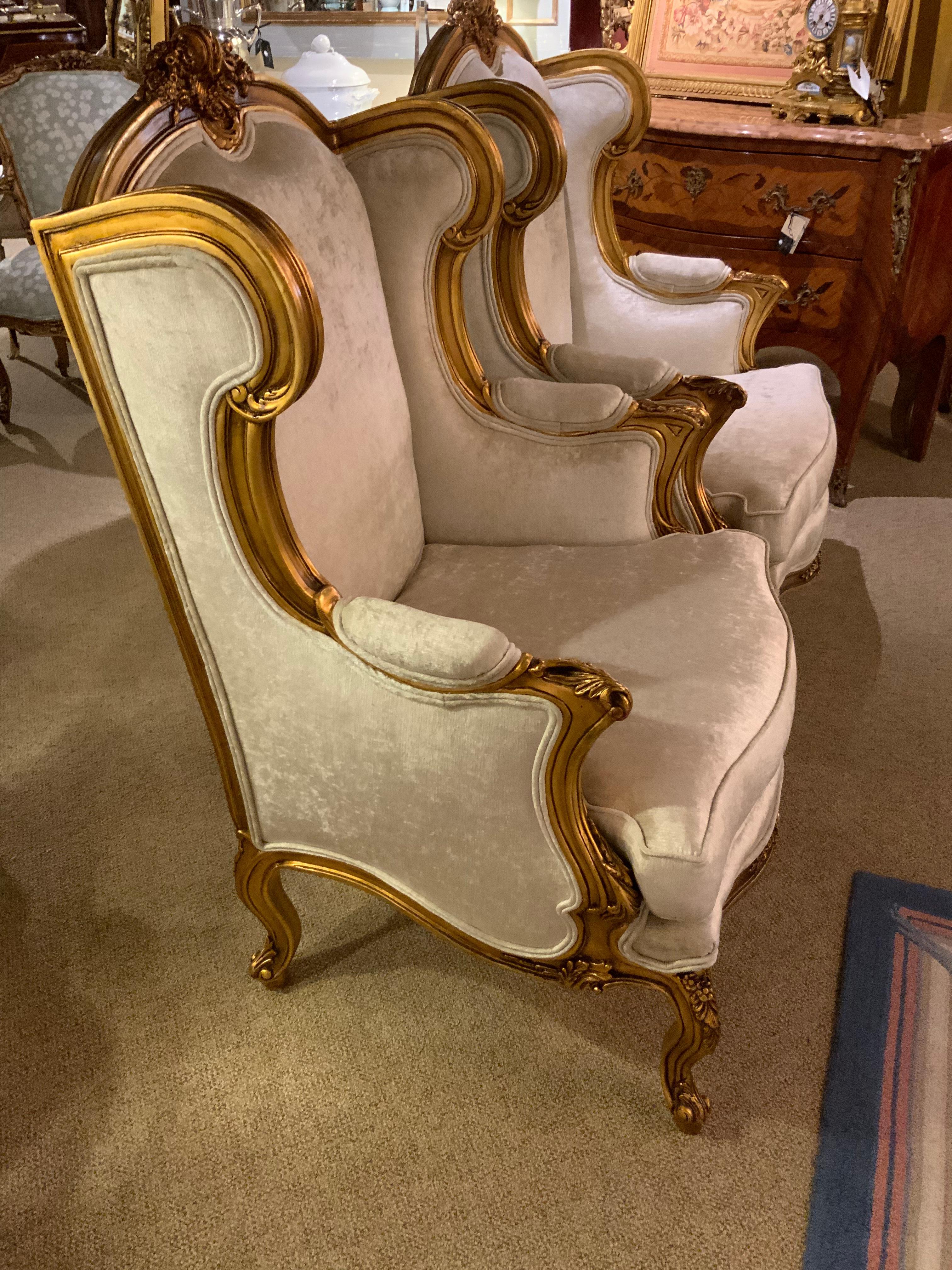 Pair of Giltwood French Wingback/Bergere Chairs Louis XV-Style For Sale 2