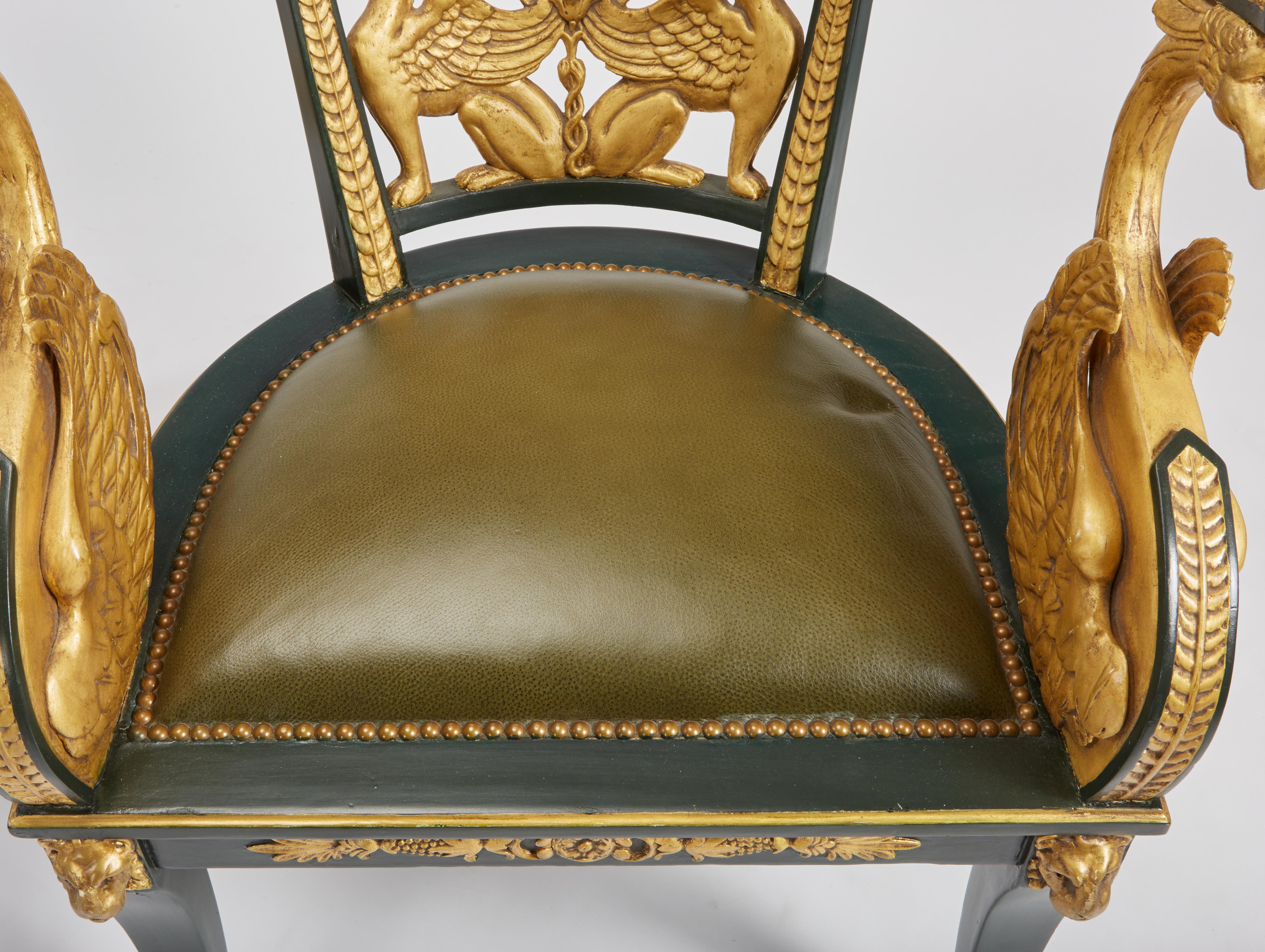 Pair of Giltwood & Green Imperial Roman Style Tub Chairs with Greek Key & Swans 2
