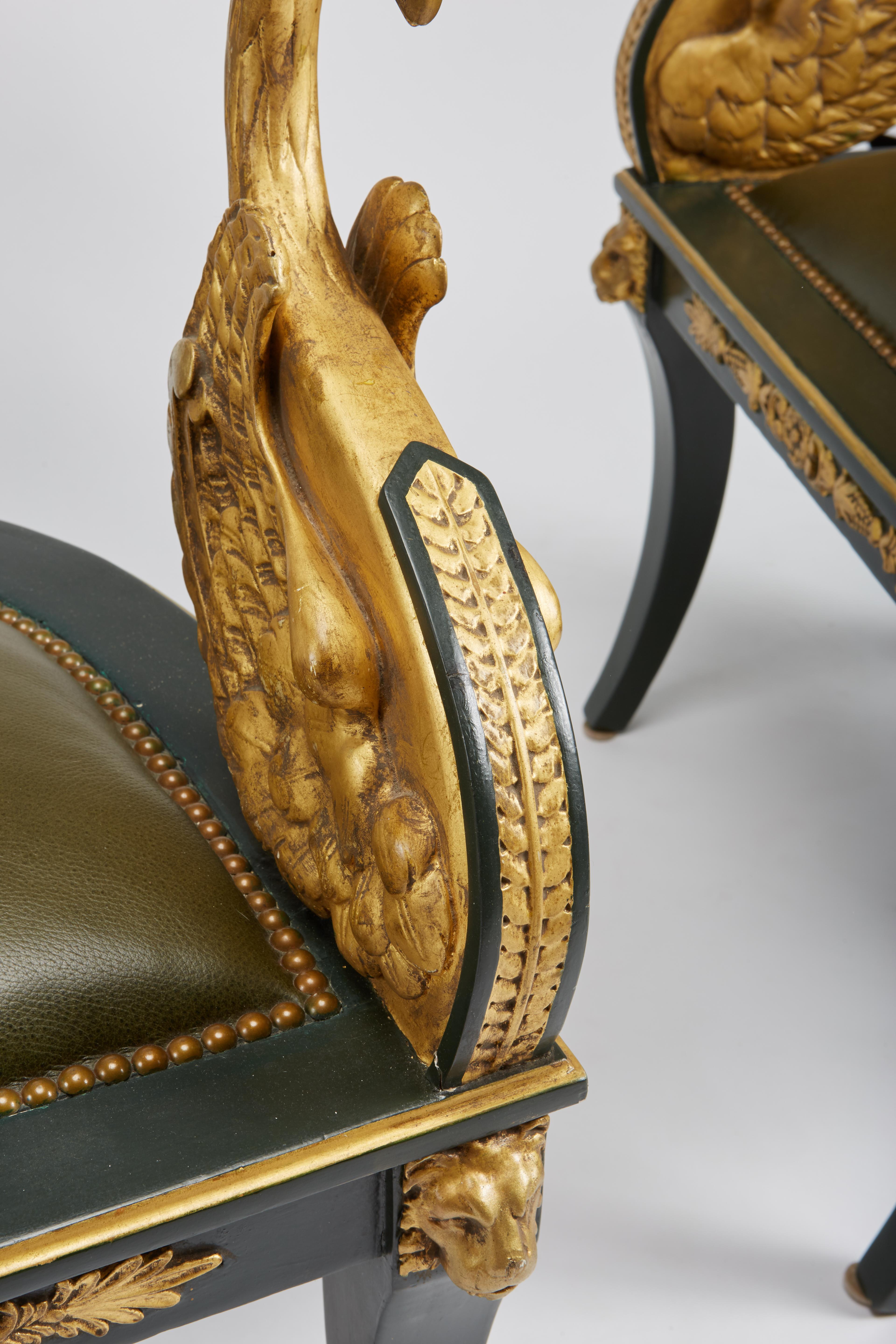 Pair of Giltwood & Green Imperial Roman Style Tub Chairs with Greek Key & Swans 3