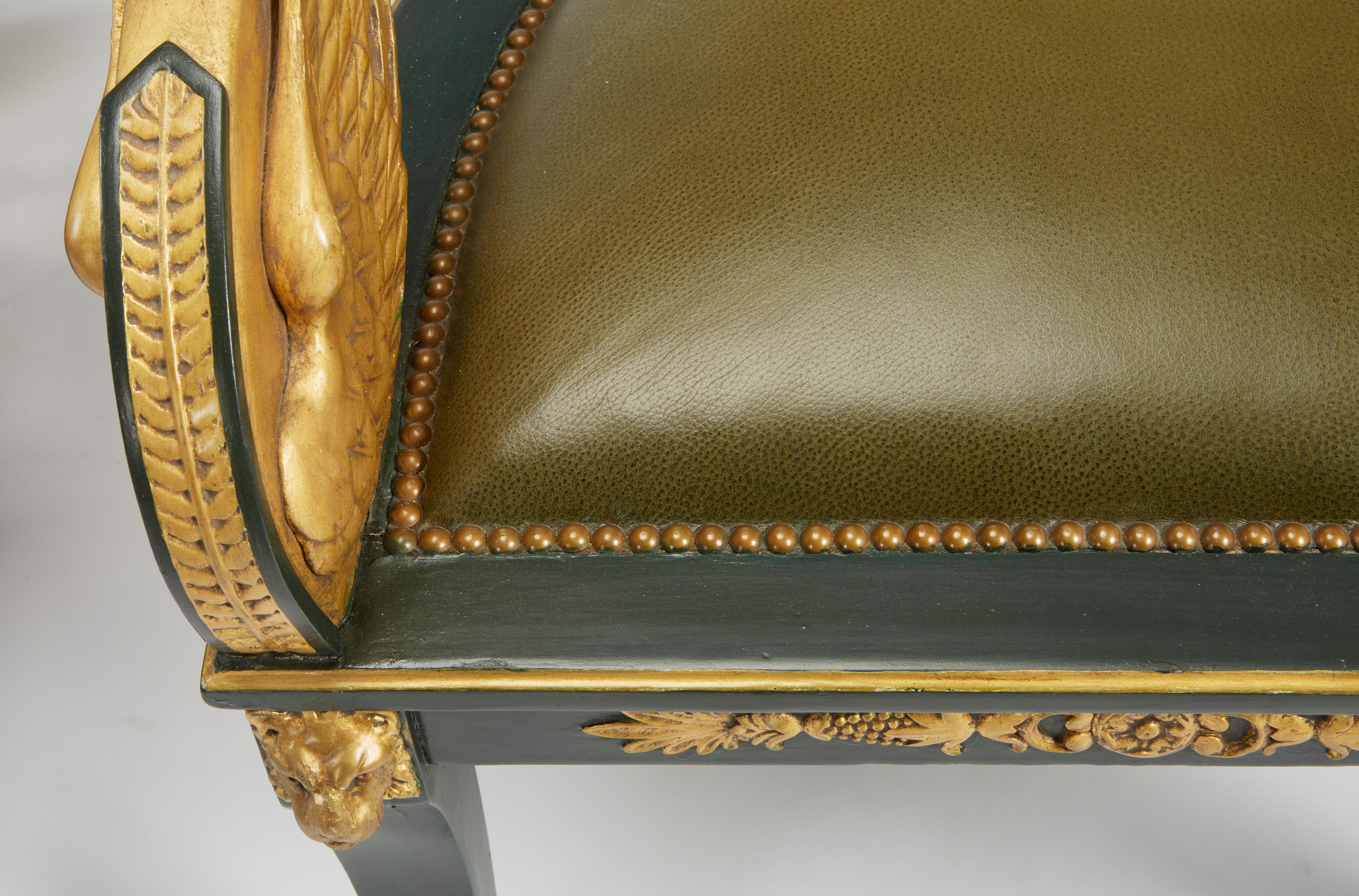 Pair of Giltwood & Green Imperial Roman Style Tub Chairs with Greek Key & Swans 4