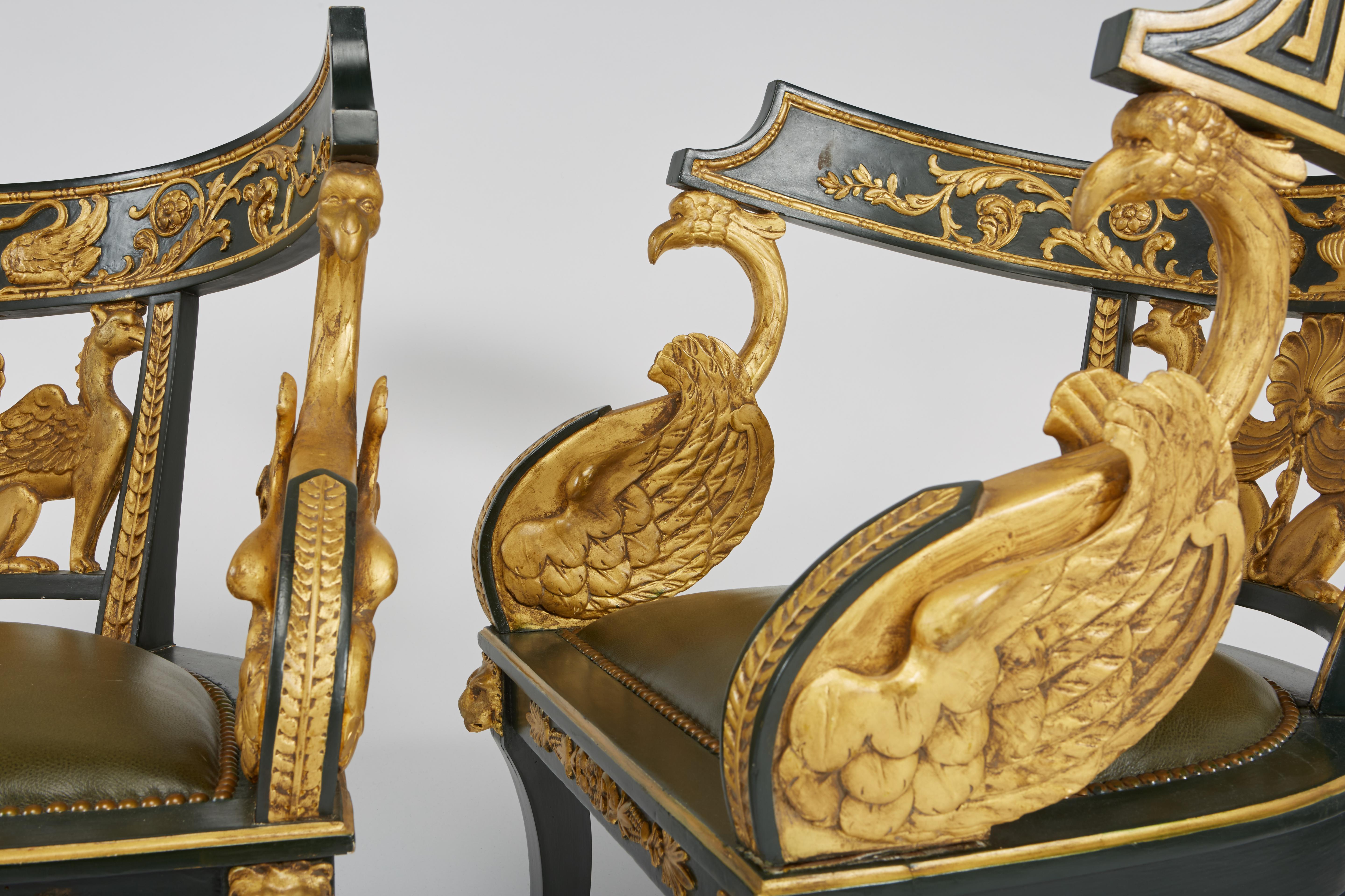 Neoclassical Pair of Giltwood & Green Imperial Roman Style Tub Chairs with Greek Key & Swans