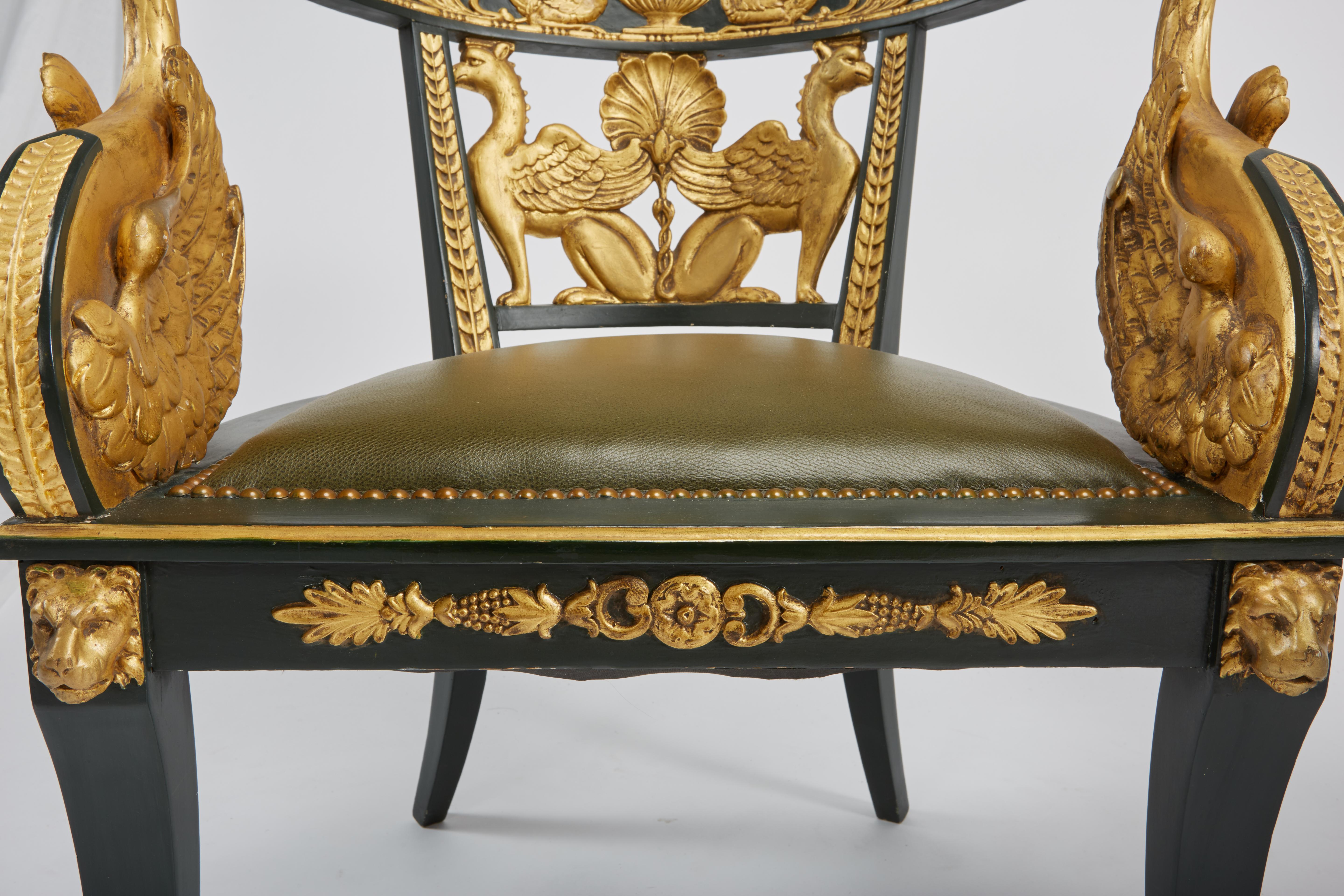 Italian Pair of Giltwood & Green Imperial Roman Style Tub Chairs with Greek Key & Swans