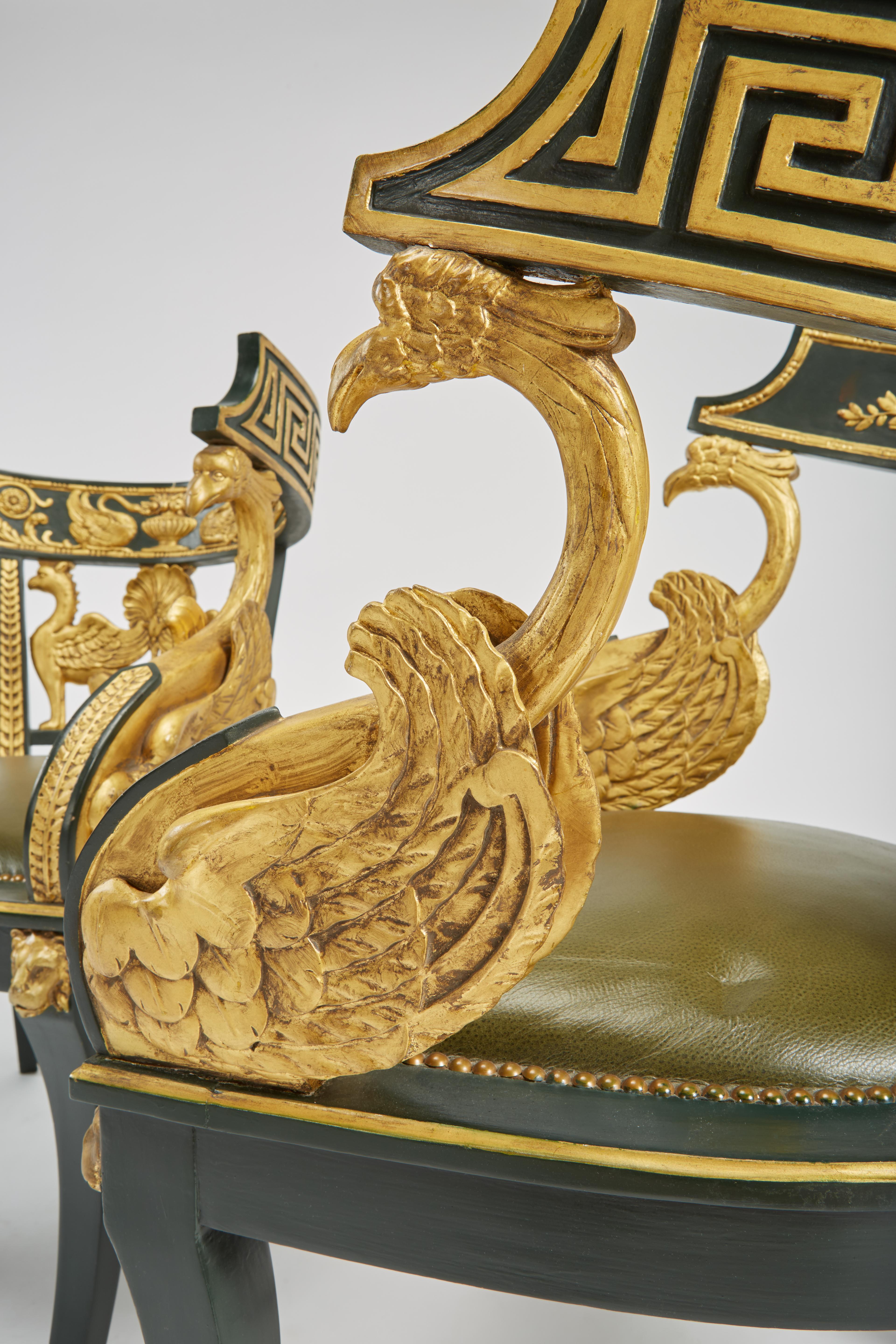 Pair of Giltwood & Green Imperial Roman Style Tub Chairs with Greek Key & Swans In Good Condition In St. Louis, MO