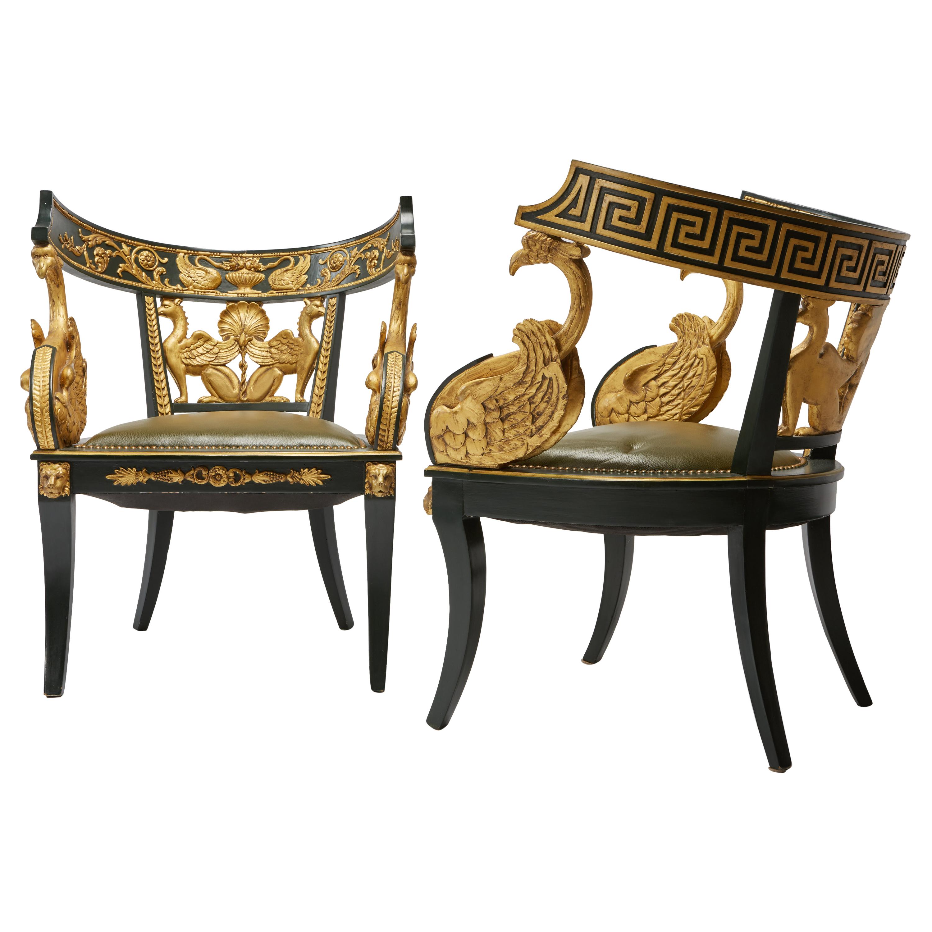Pair of Giltwood & Green Imperial Roman Style Tub Chairs with Greek Key & Swans