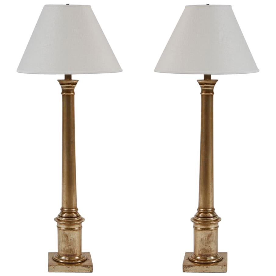 Pair of Giltwood Lamps, 18 Karat White Gold For Sale