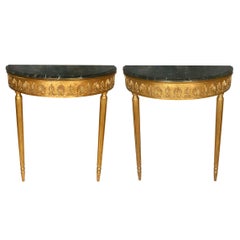 Pair of Giltwood Louis XV Style Marble Top Demilune Consoles