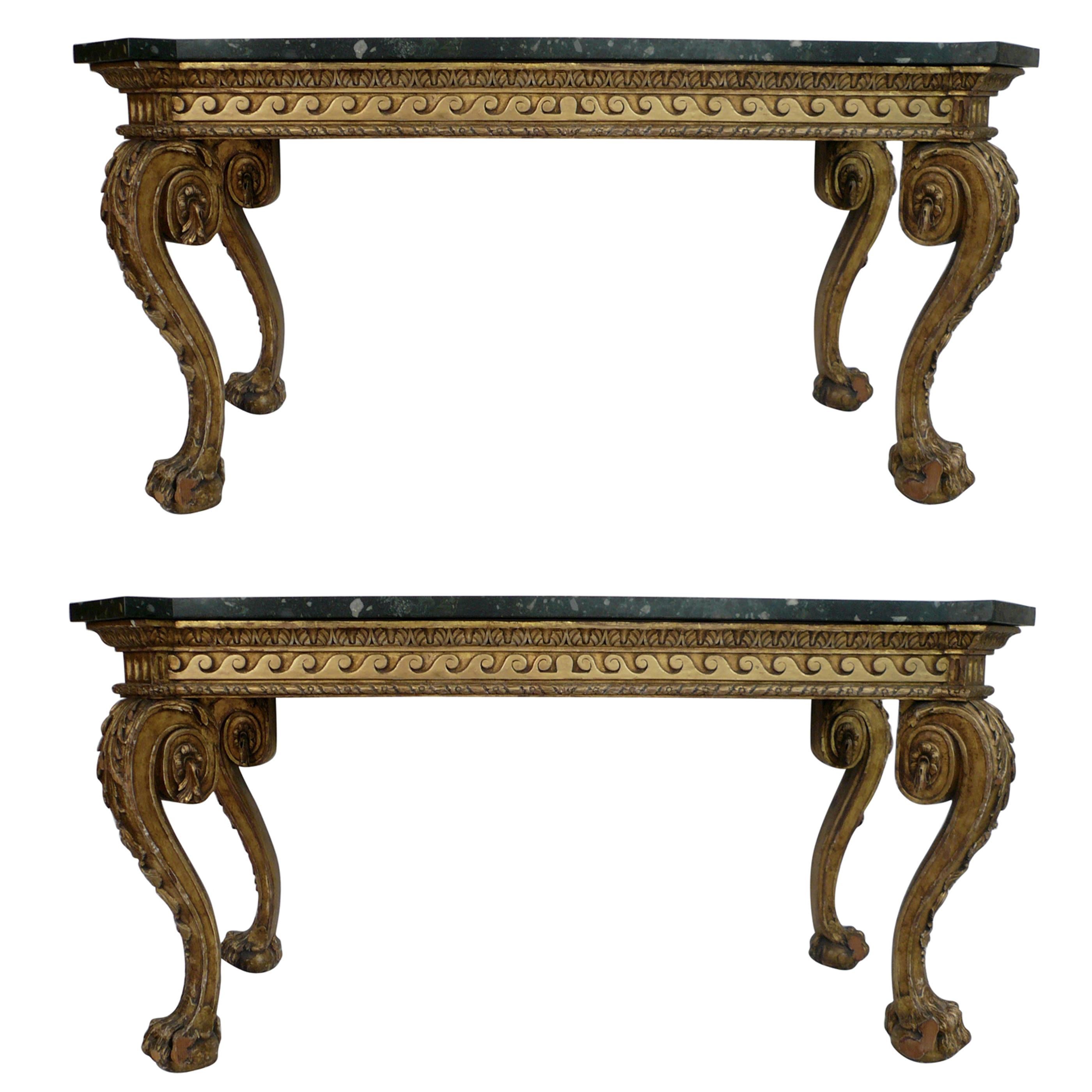 Pair of Giltwood Marble-Top Console Tables in the Manner of William Kent