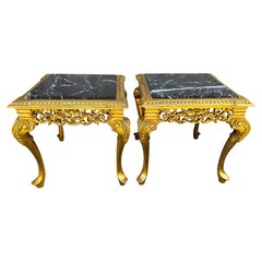 Pair of Giltwood Queen Anne Style Marble Top End Tables