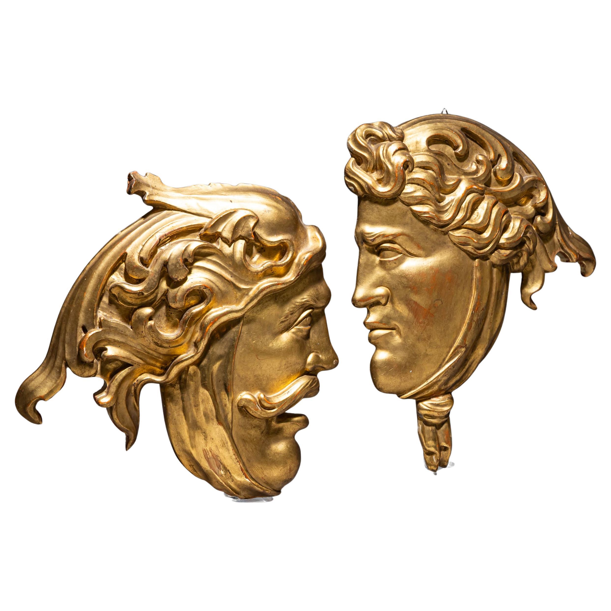 Pair of Giltwood Mask Reliefs, Possibly Italy, 19th Century For Sale