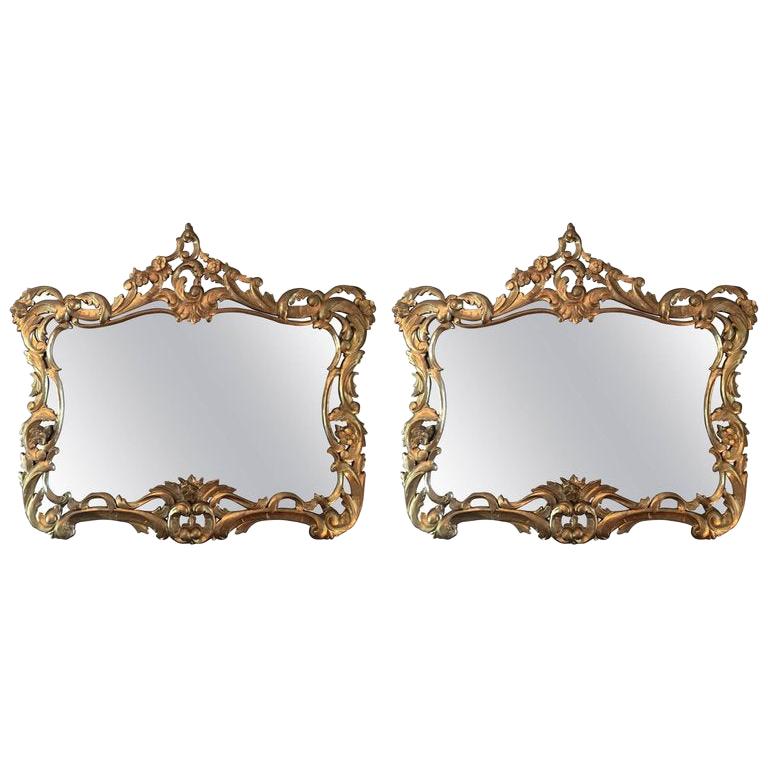 Pair of Giltwood Mirrors Decorated with Leaves and Scrolls, 20th Century