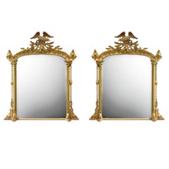 Antique Pair of Giltwood Mirrors with Eagle Crestings