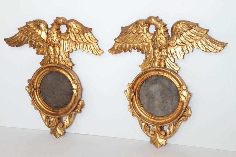 Pair of Giltwood Mirrors with Eagles, Wings Outstretched For Sale at