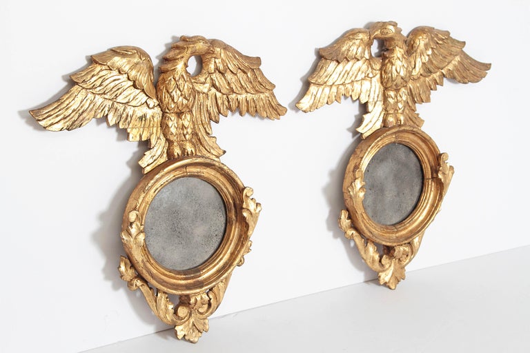 Pair of Giltwood Mirrors with Eagles, Wings Outstretched For Sale at