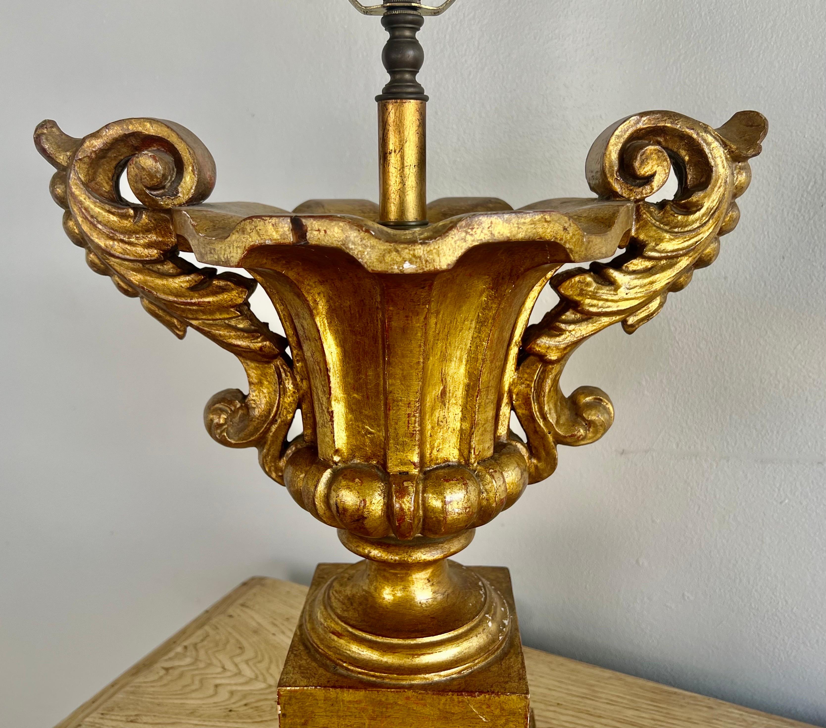 Pair of Giltwood Neoclassical Style Italian Urn Lamps C. 1930 For Sale 1