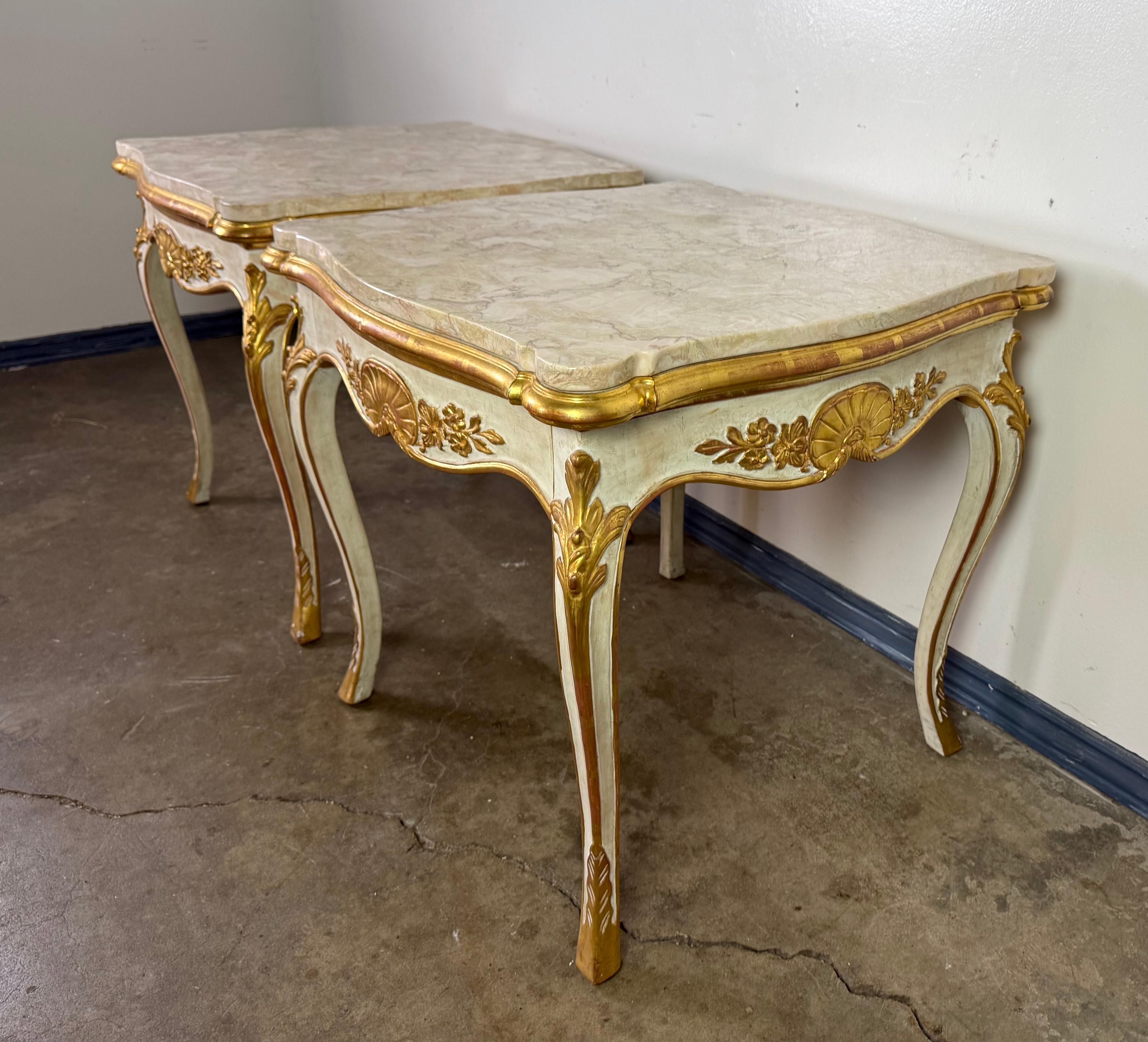 Pair of Giltwood & Painted Marble-Top Side Tables with Drawers For Sale 5