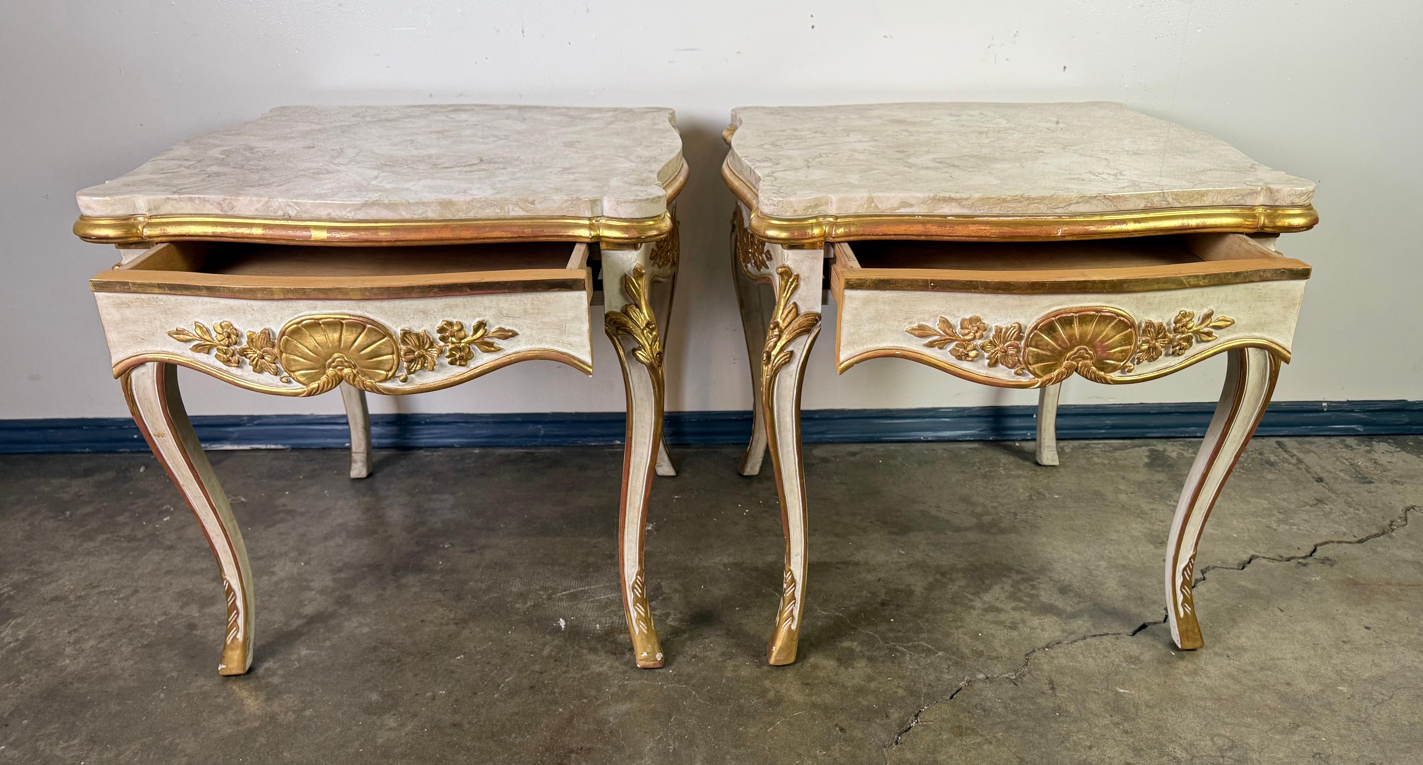 Rococo Revival Pair of Giltwood & Painted Marble-Top Side Tables with Drawers For Sale