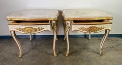 Pair of Giltwood & Painted Marble-Top Side Tables with Drawers