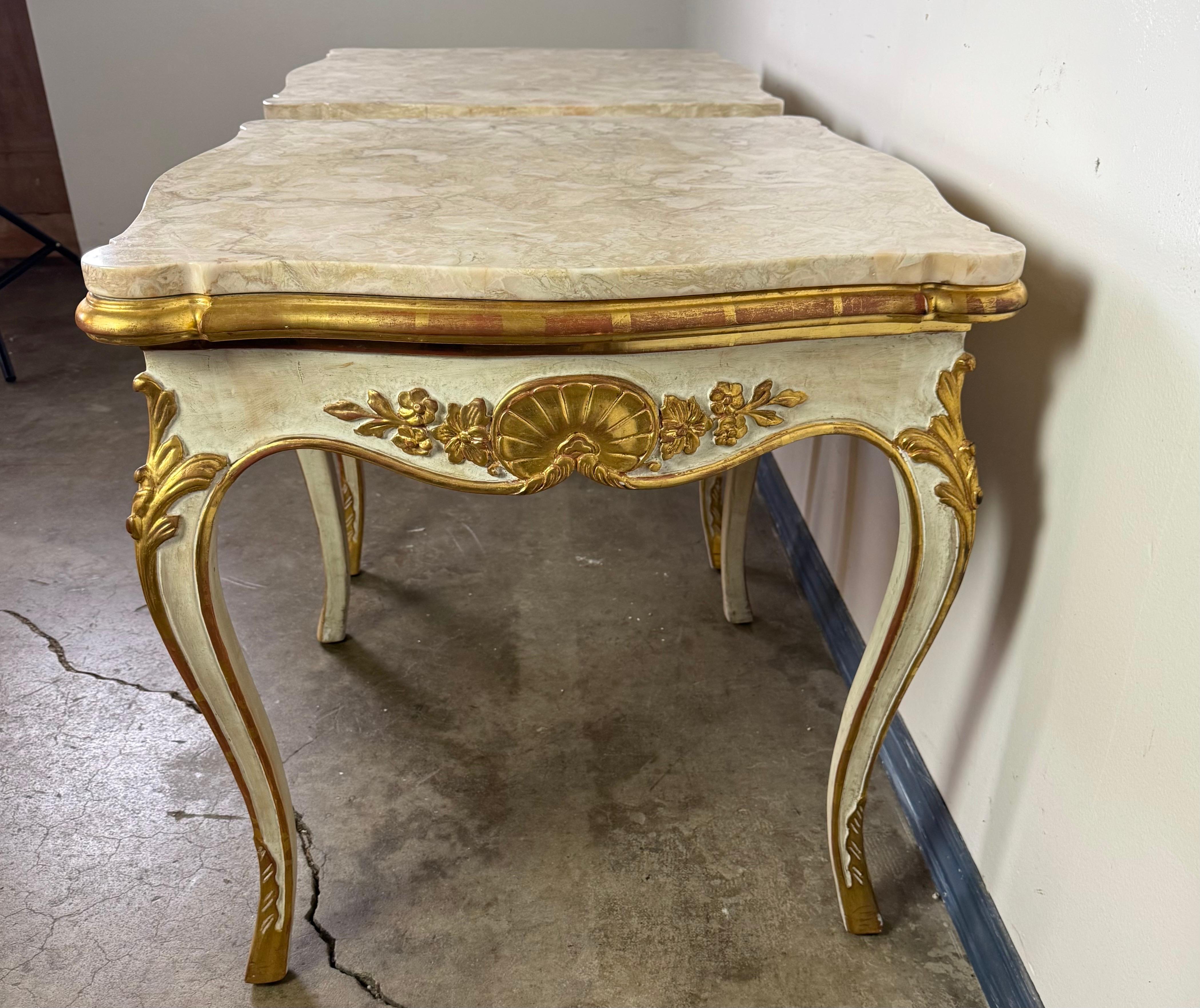 Italian Pair of Giltwood & Painted Marble-Top Side Tables with Drawers For Sale