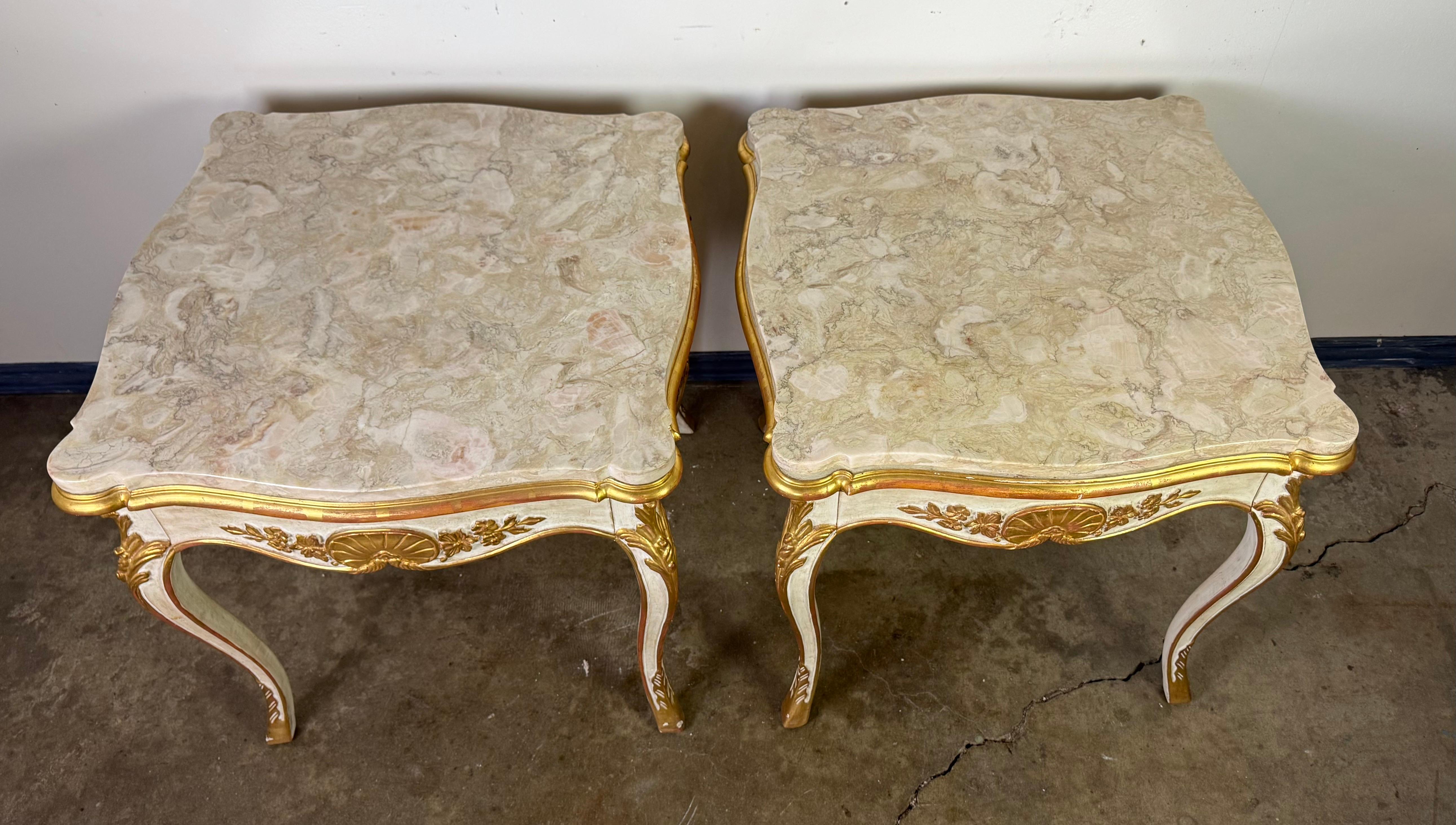 20th Century Pair of Giltwood & Painted Marble-Top Side Tables with Drawers For Sale