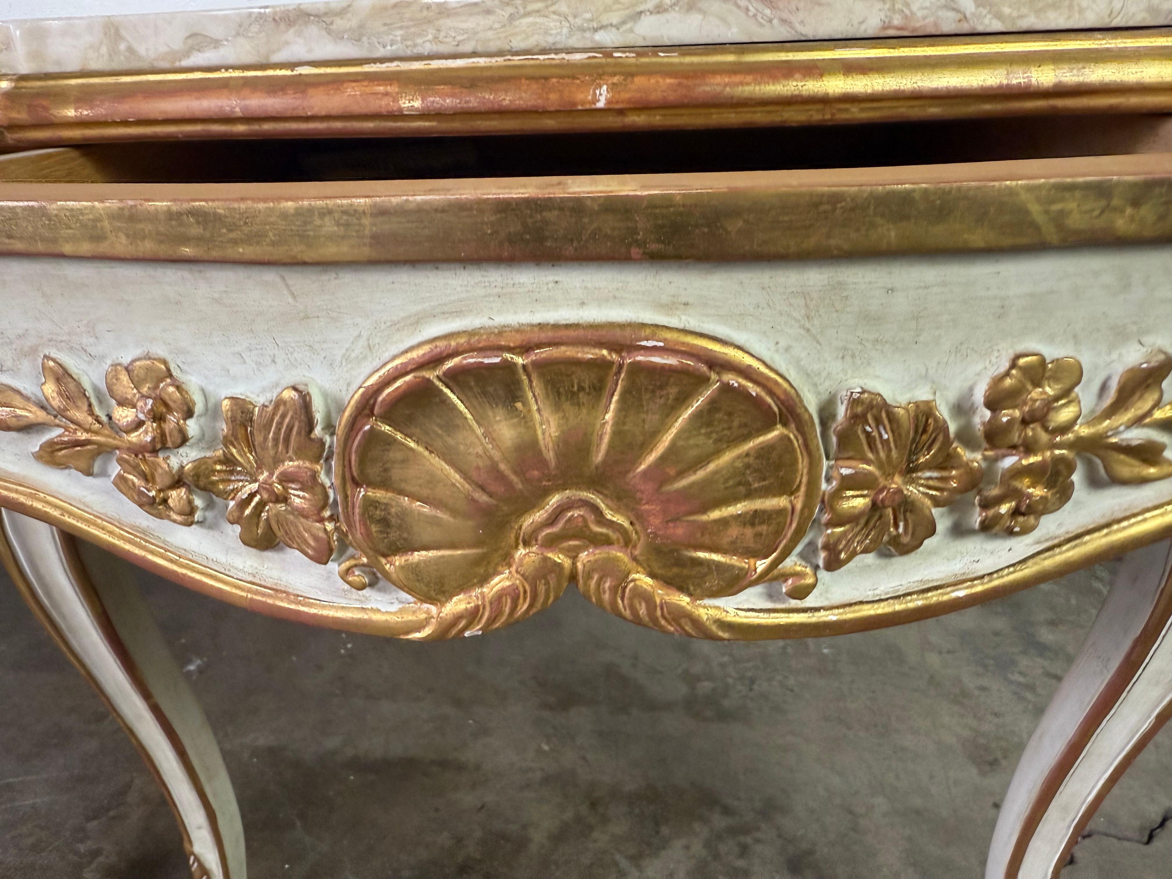 Pair of Giltwood & Painted Marble-Top Side Tables with Drawers For Sale 3