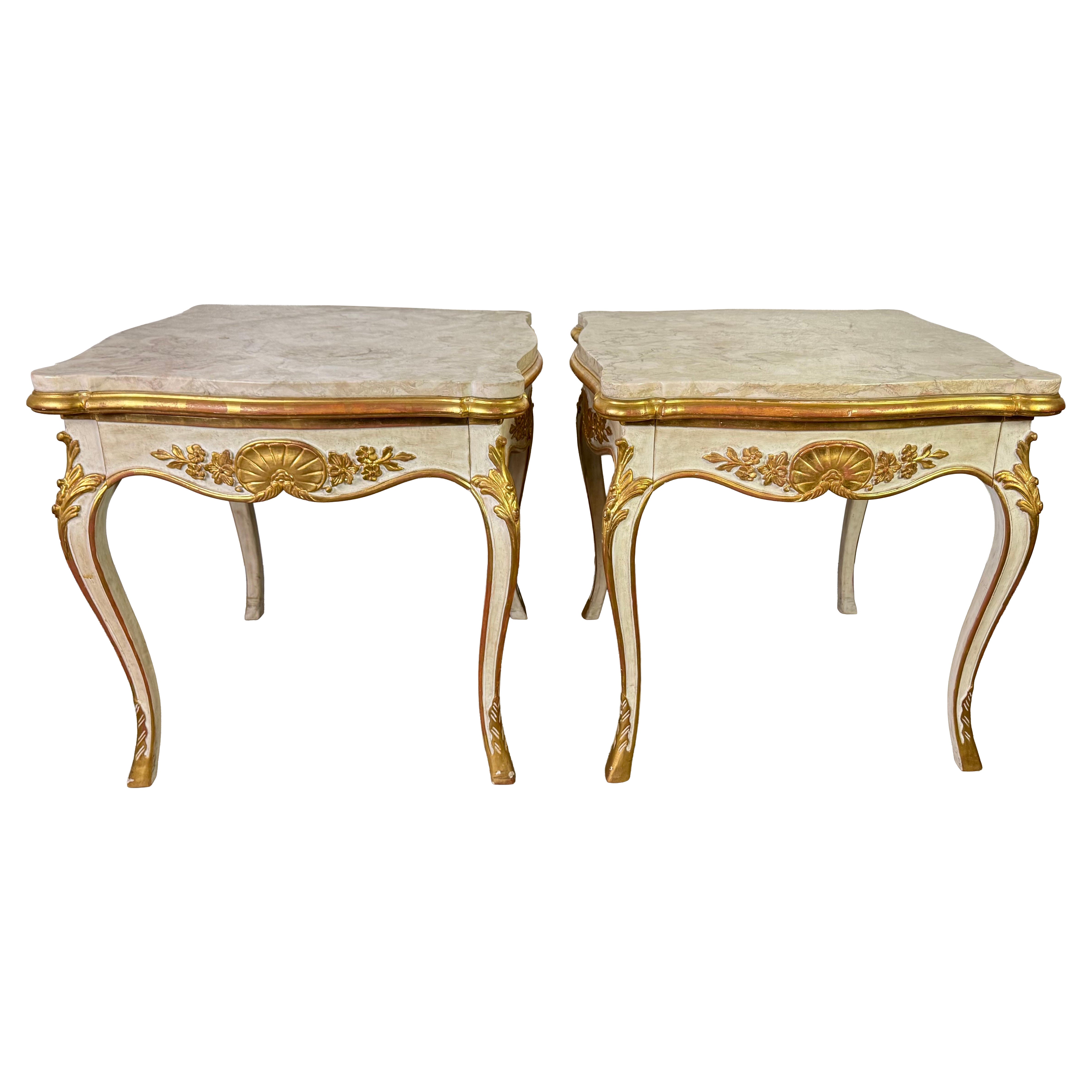 Pair of Giltwood & Painted Marble-Top Side Tables with Drawers For Sale