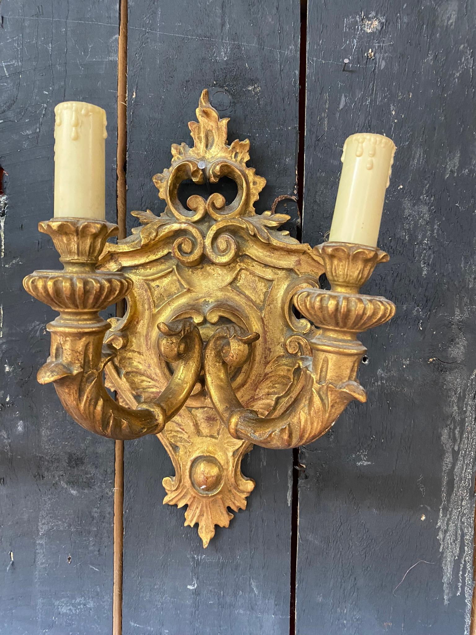 Pair of  Giltwood Sconces circa 1950 For Sale 4