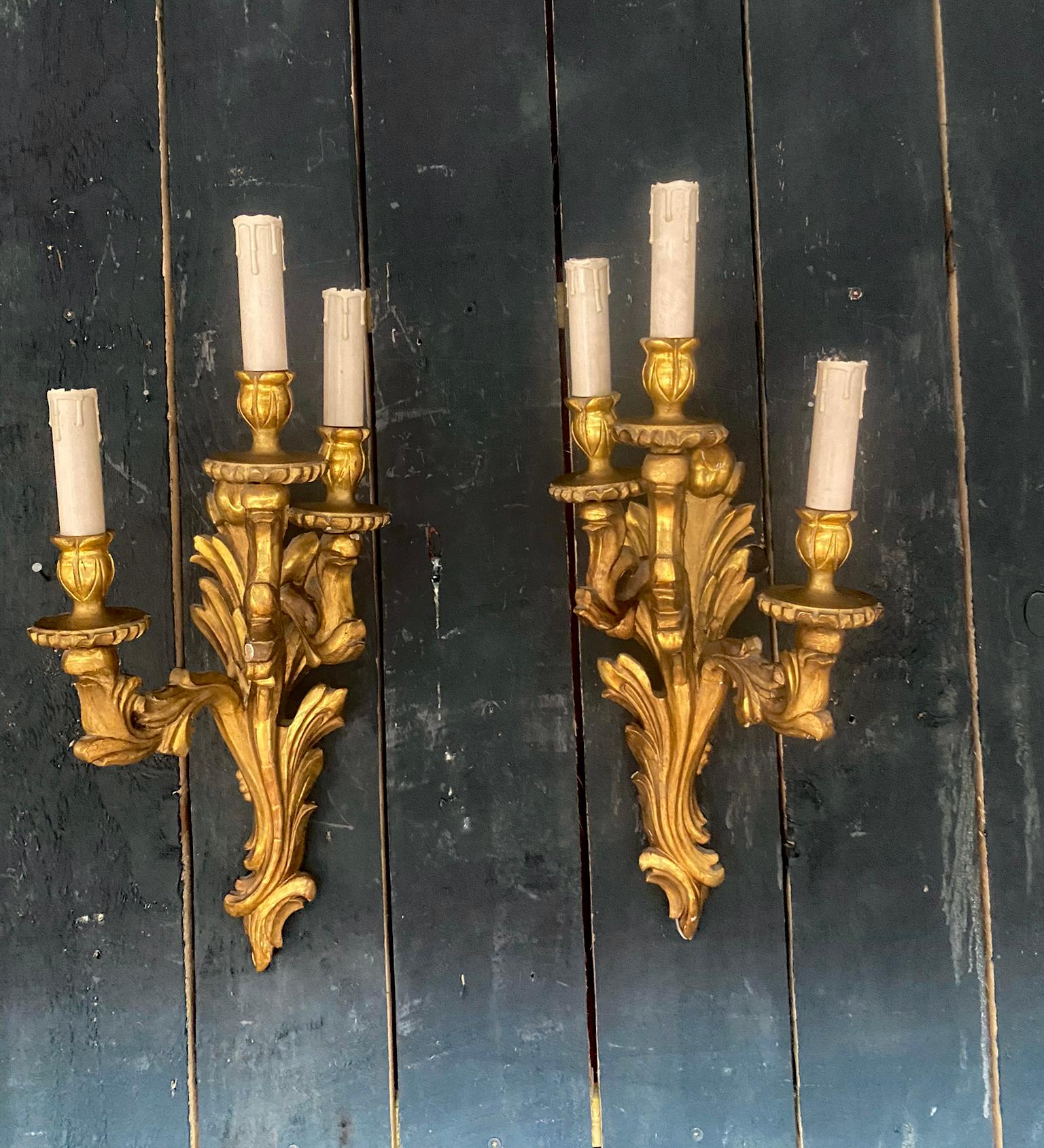 Mid-Century Modern Pair of  Giltwood Sconces circa 1950 For Sale