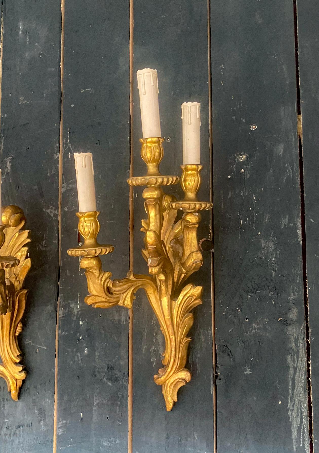 European Pair of  Giltwood Sconces circa 1950 For Sale