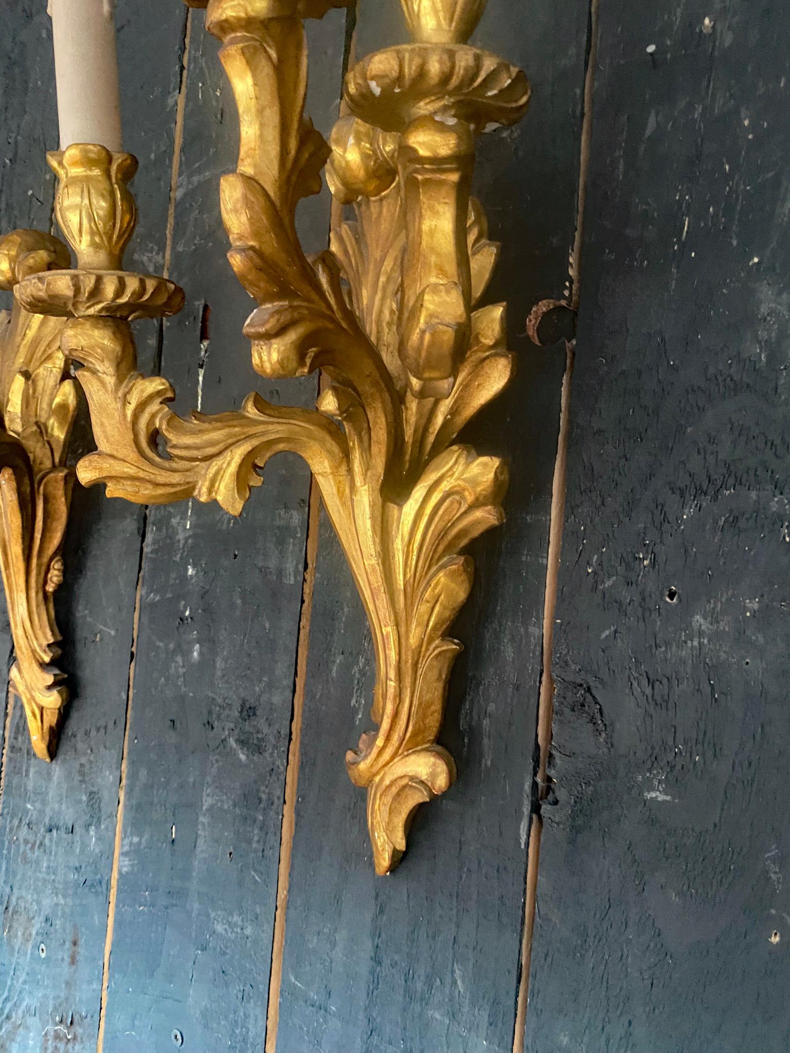 Pair of  Giltwood Sconces circa 1950 For Sale 2