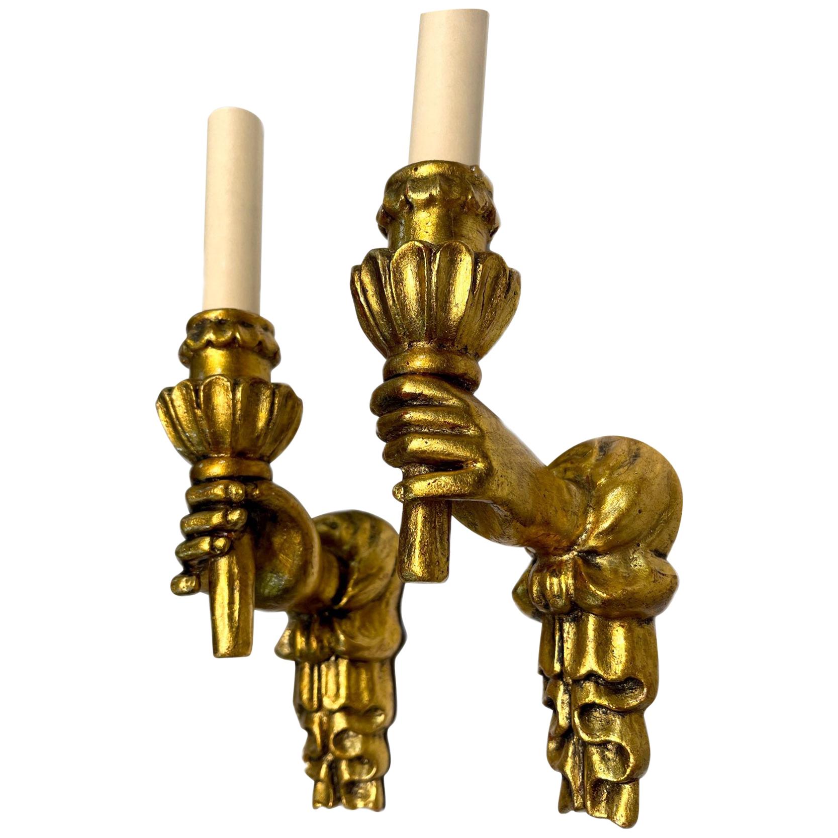 Pair of  Large Carved Giltwood Sconces For Sale