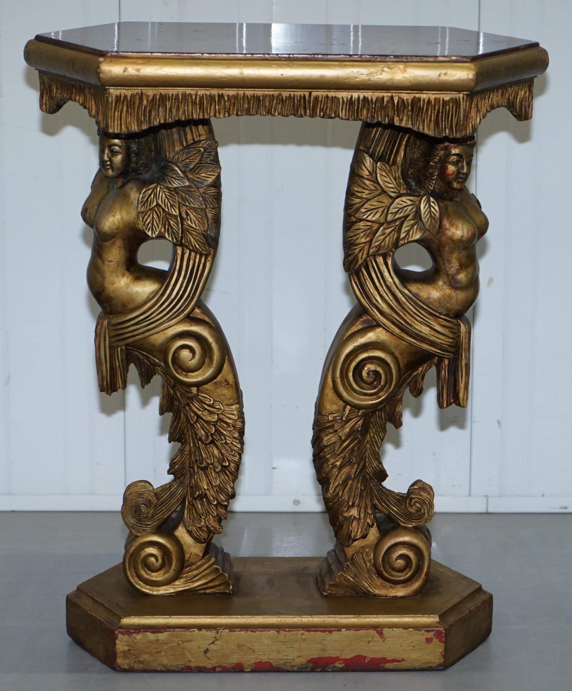 Modern Pair of Giltwood Side Tables or Torchiere Stands Depicting Semi Nude Goddesses