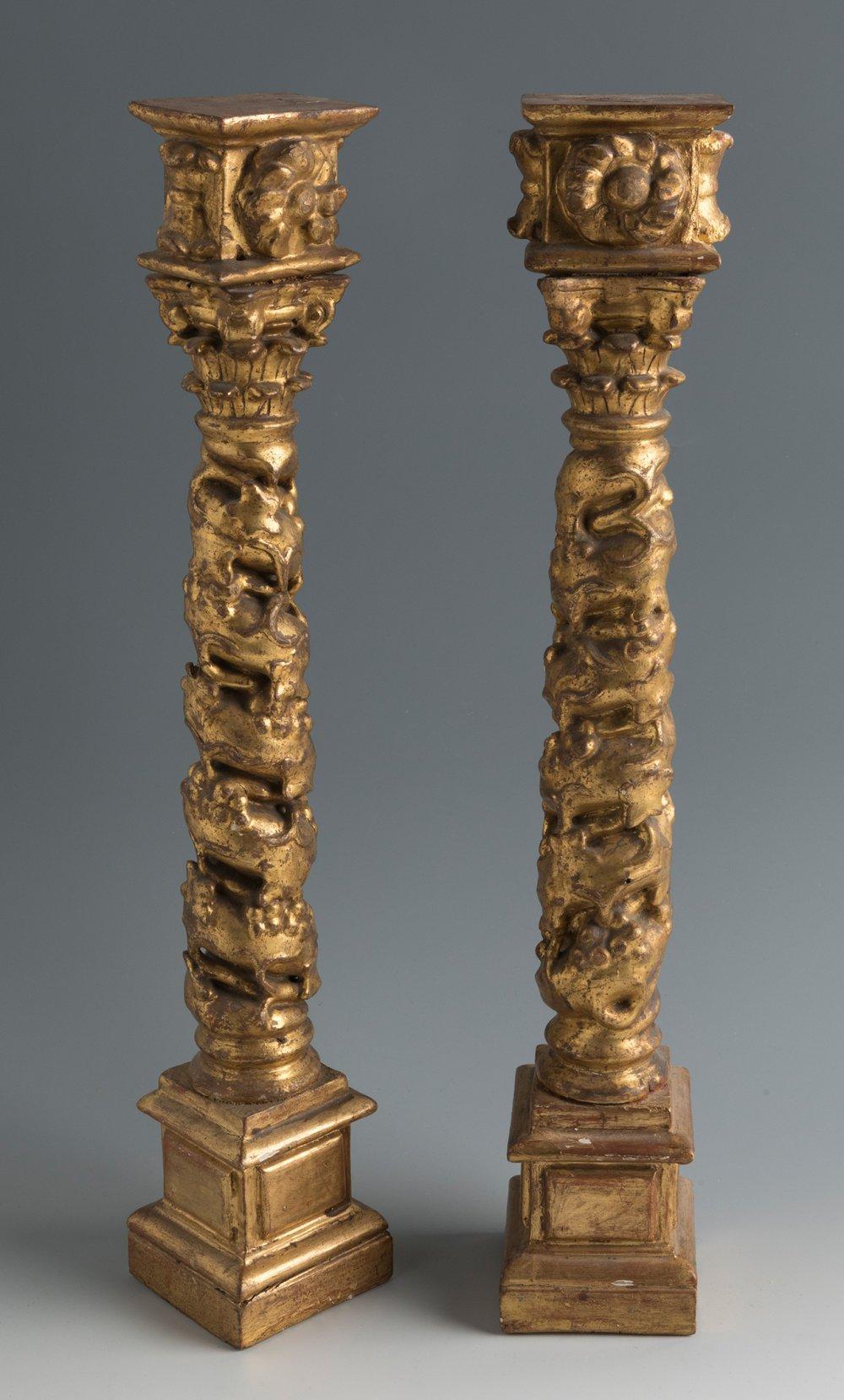 The present pair of late 17th century Spanish Baroque giltwood columns may have once formed part of an altarpiece environment. The feature of such columns flanking altarpieces during the Renaissance and Baroque era have its inspiration in the