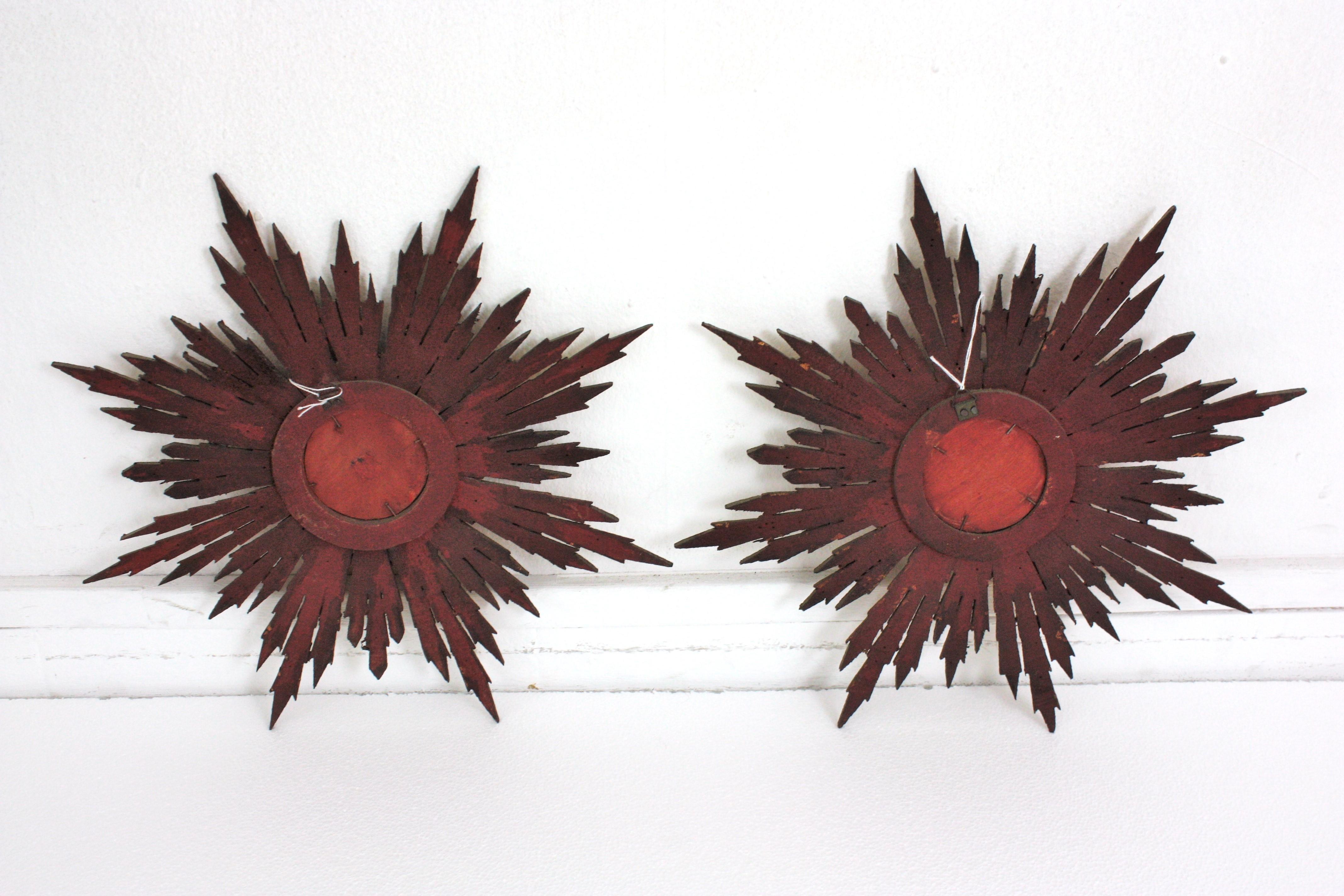 Paire de miroirs étoilés Sunburst en bois doré, petite taille, baroque espagnol en vente 6