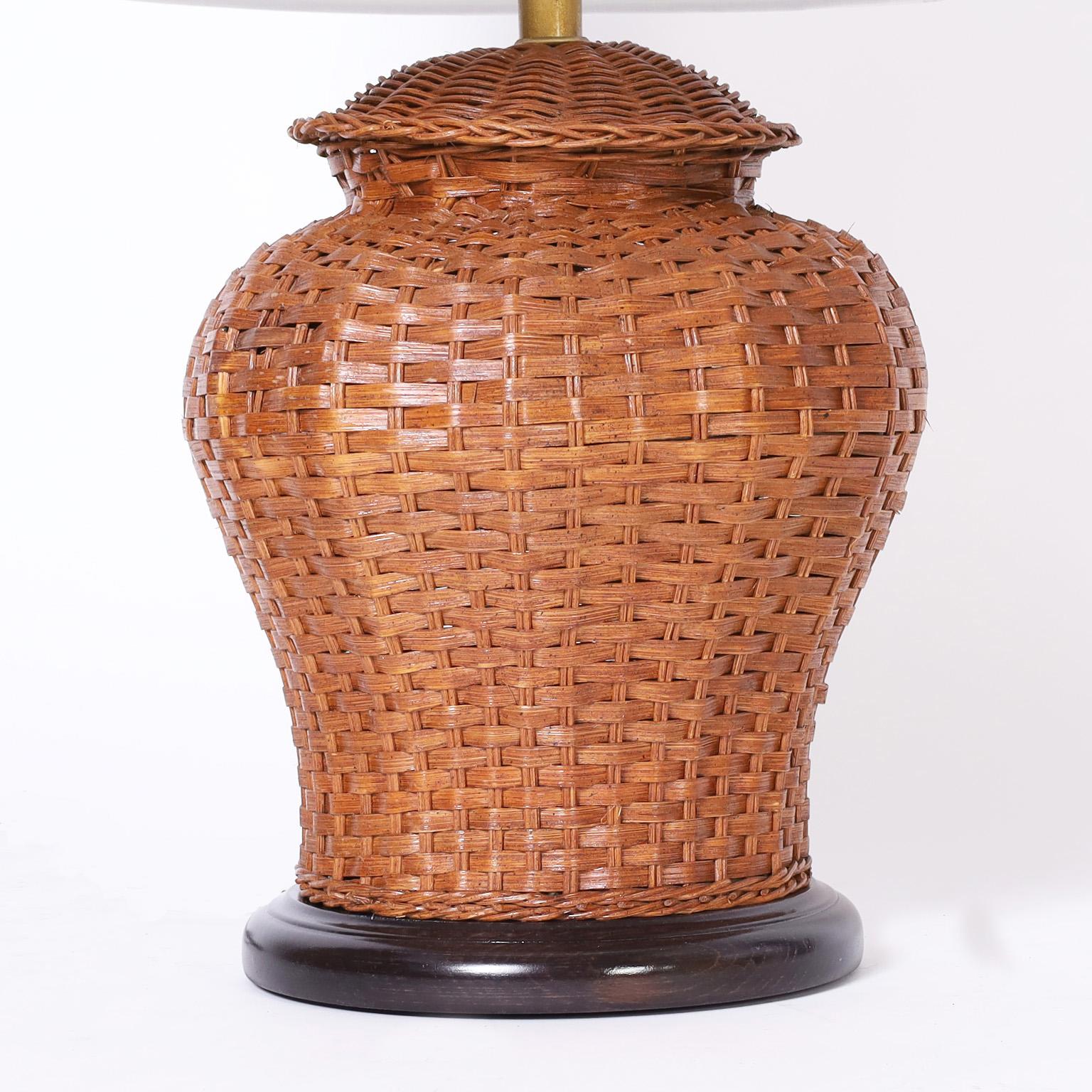 Mid-Century Modern Pair of Ginger Jar Form Wicker Table Lamps