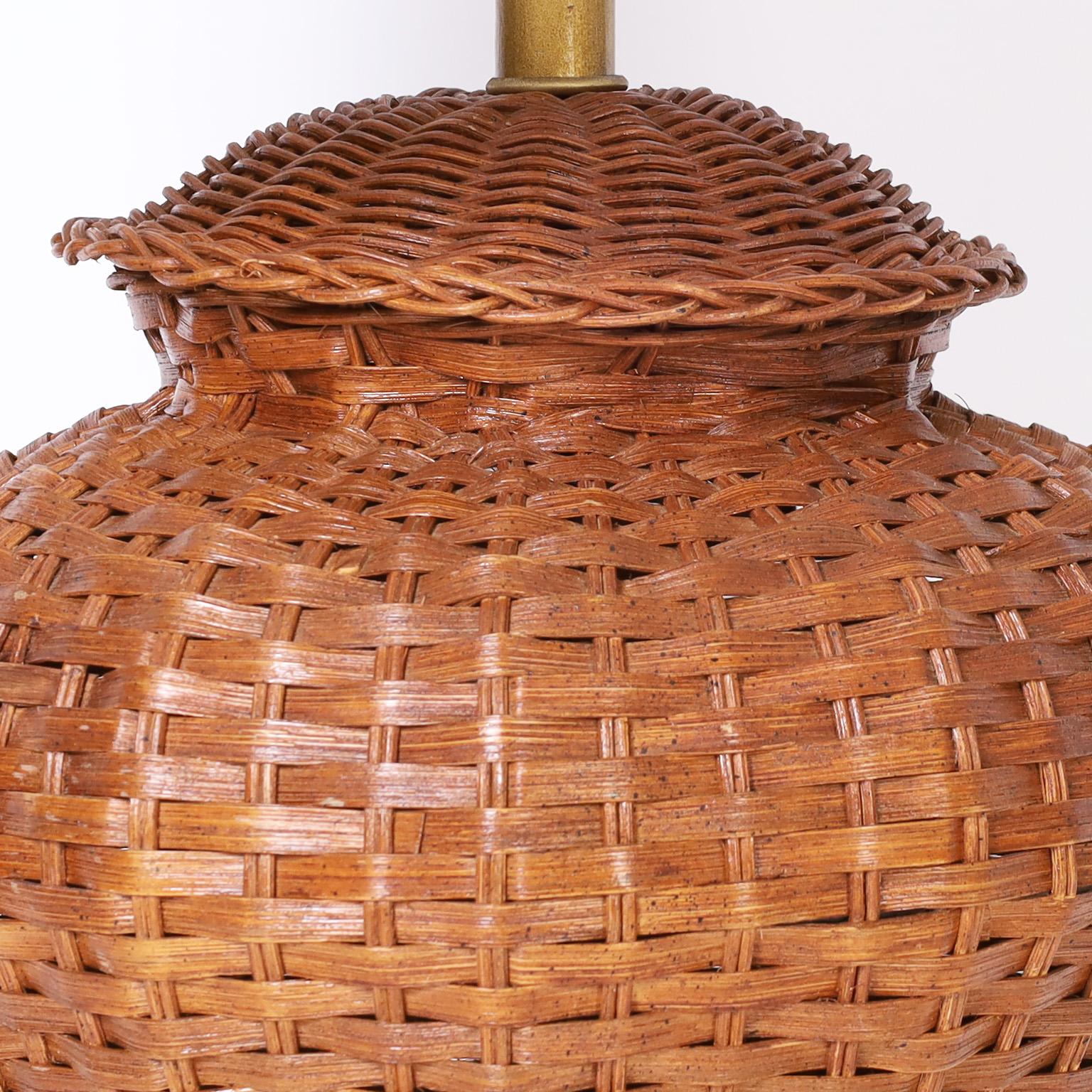 American Pair of Ginger Jar Form Wicker Table Lamps