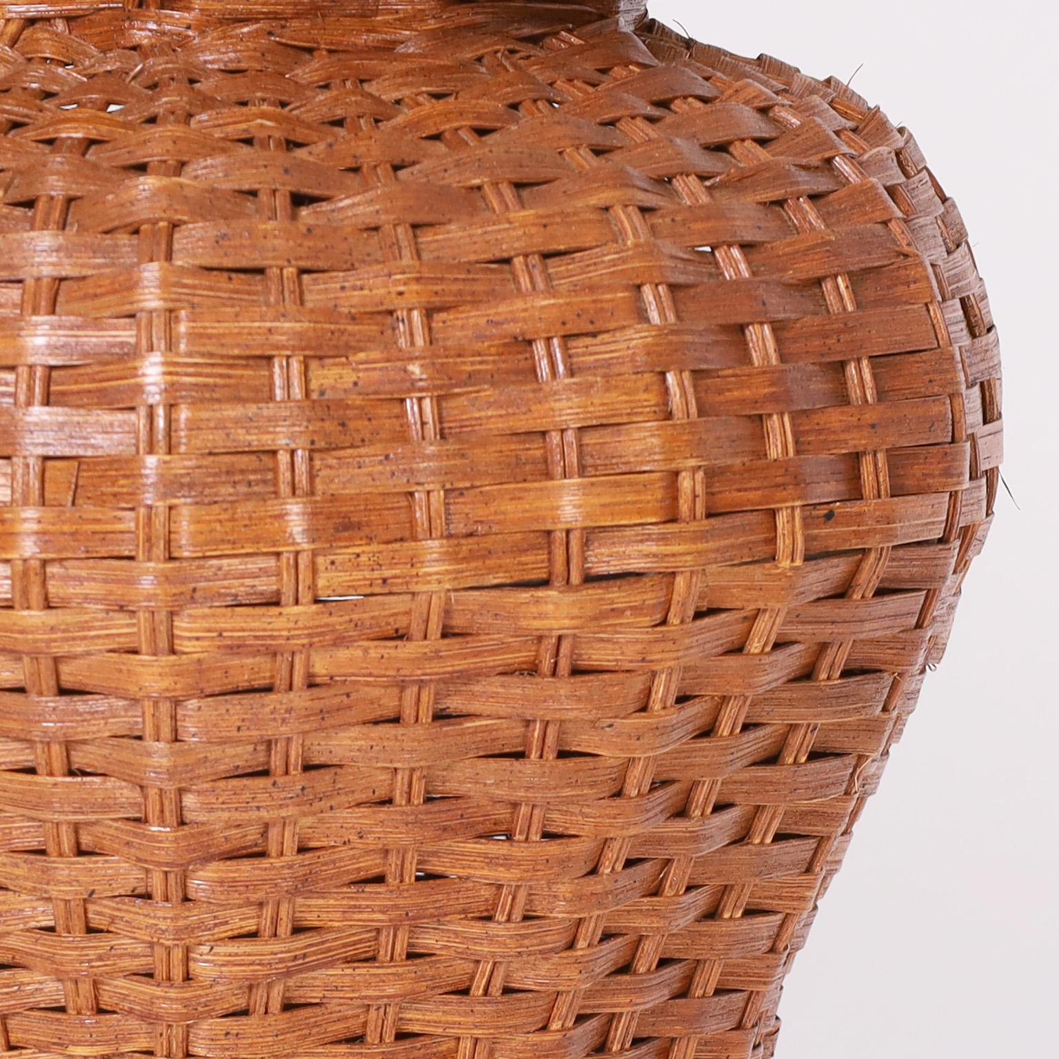 Hand-Woven Pair of Ginger Jar Form Wicker Table Lamps