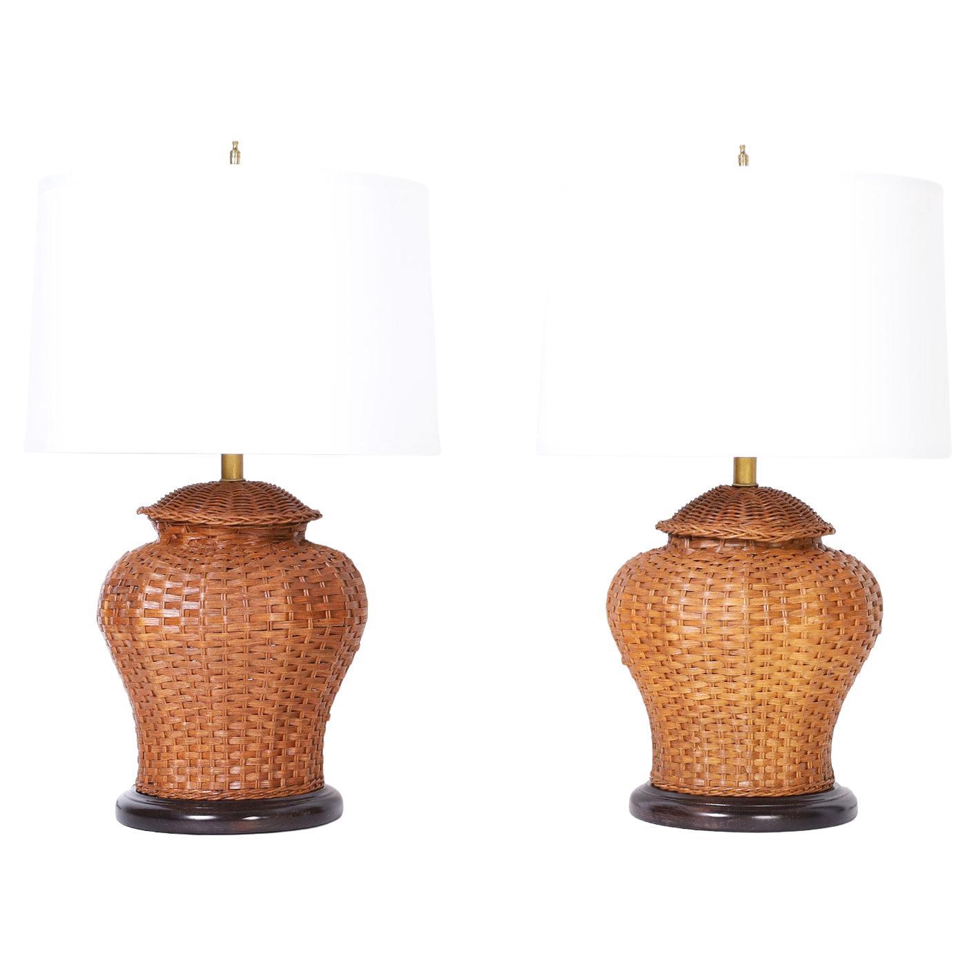 Pair of Ginger Jar Form Wicker Table Lamps