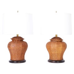 Pair of Ginger Jar Form Wicker Table Lamps
