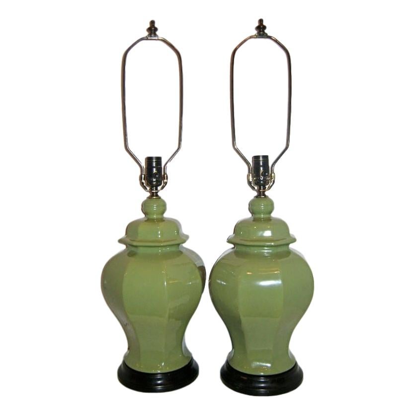 Mid-20th Century Pair of Ginger Jar Porcelain Lamps For Sale