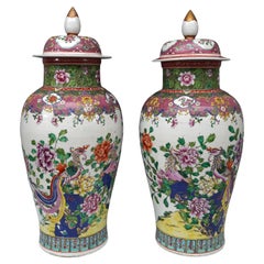 Antique Pair of Ginger Jars with Phoenixes, China, 19th Century